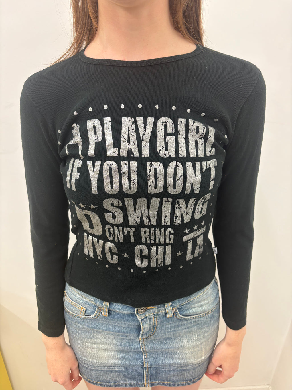 Black Fitted Slogan Rhinestone Long Sleeve Y2K