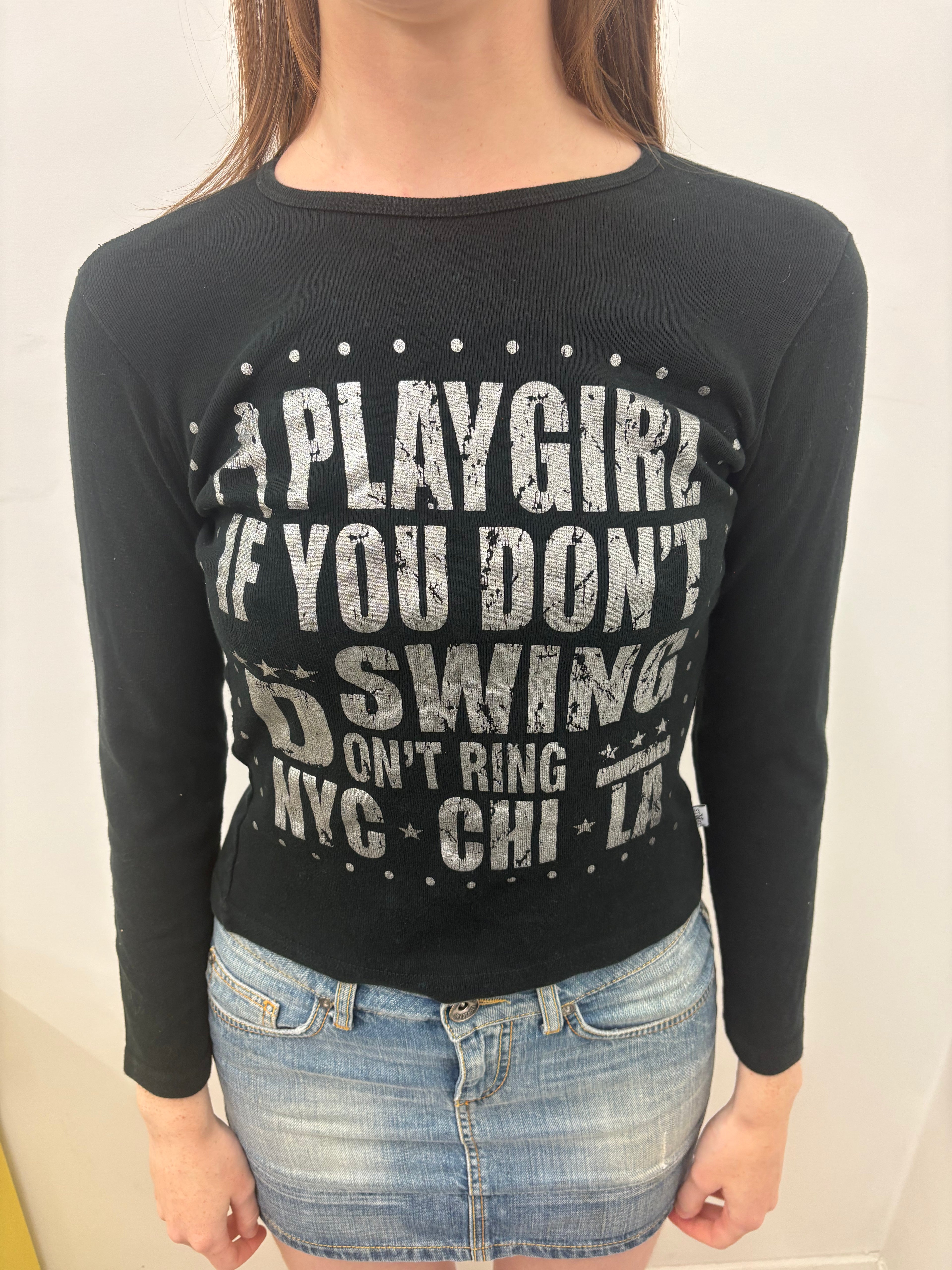 Black Fitted Slogan Rhinestone Long Sleeve Y2K