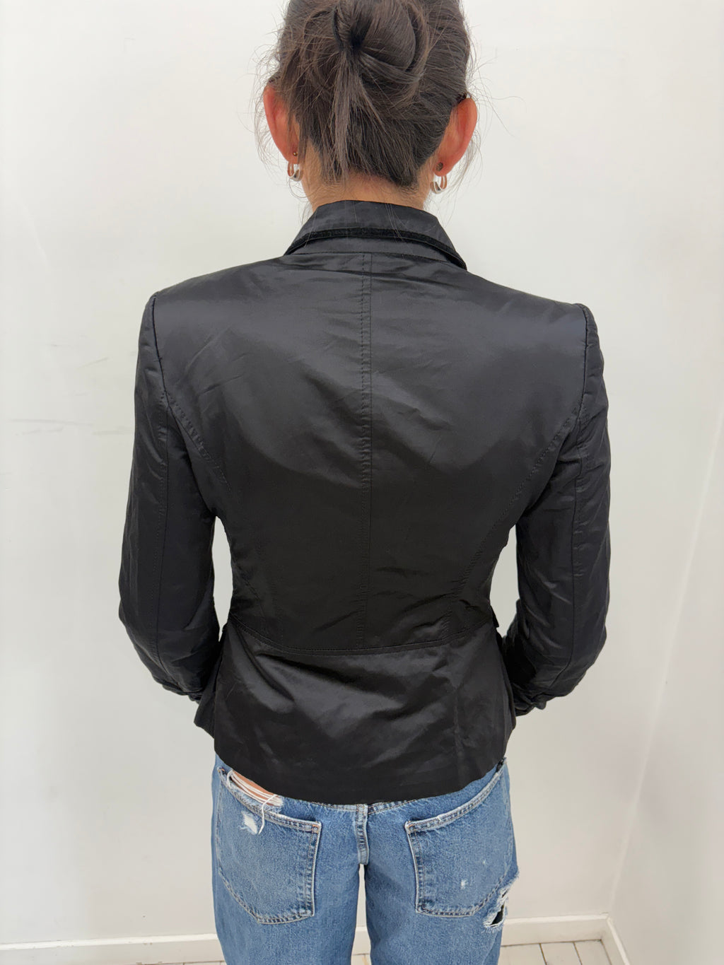 Black Satin Blazer Ruffle Pocket Detail