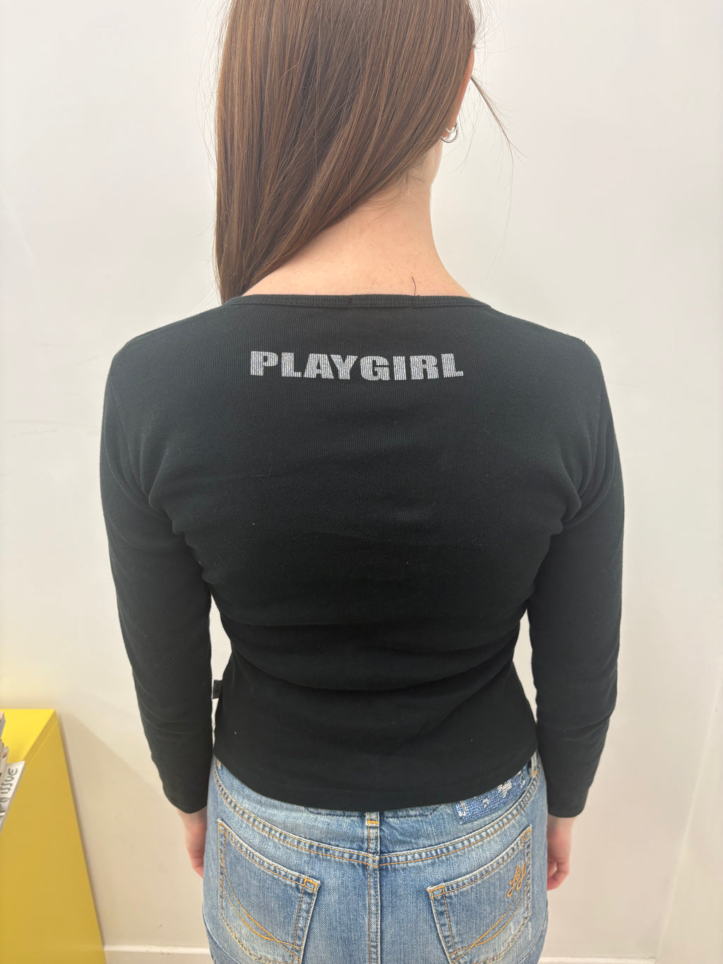 Black Fitted Slogan Rhinestone Long Sleeve Y2K