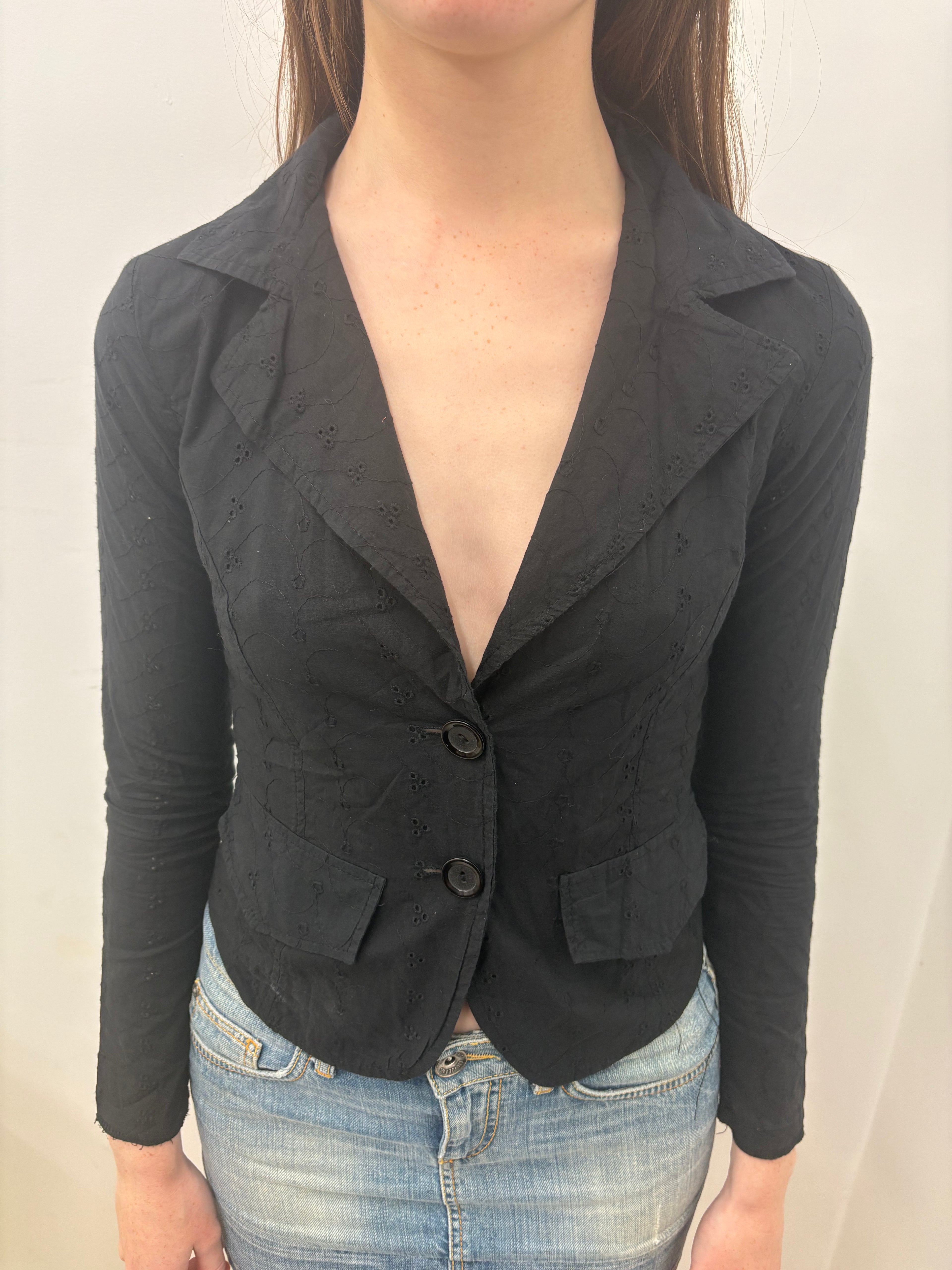 Black Broderie Anglaise Fitted Cropped Blazer Vintage