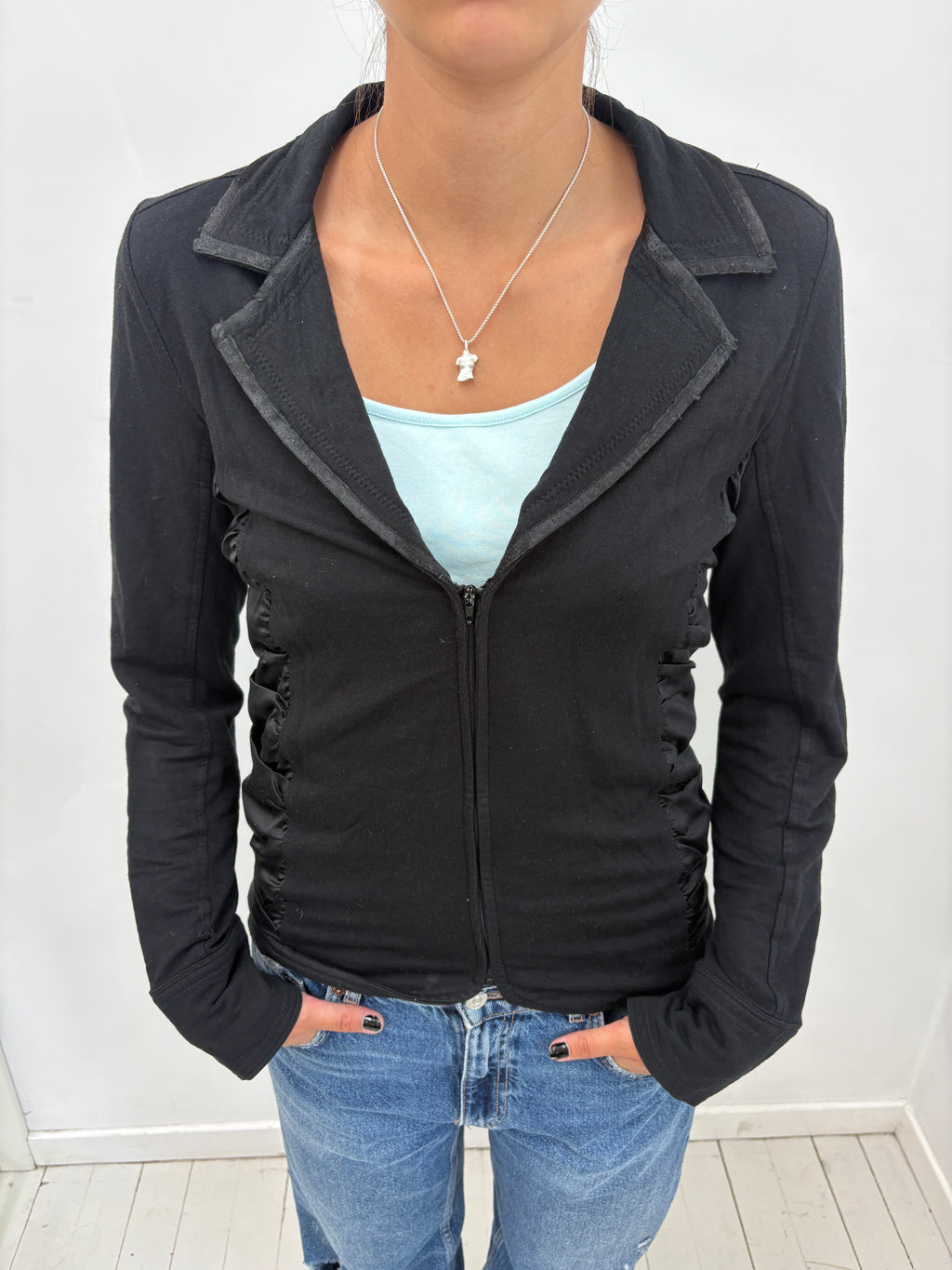 Black Satin-Ruched Zip Jacket With Wide Collar
