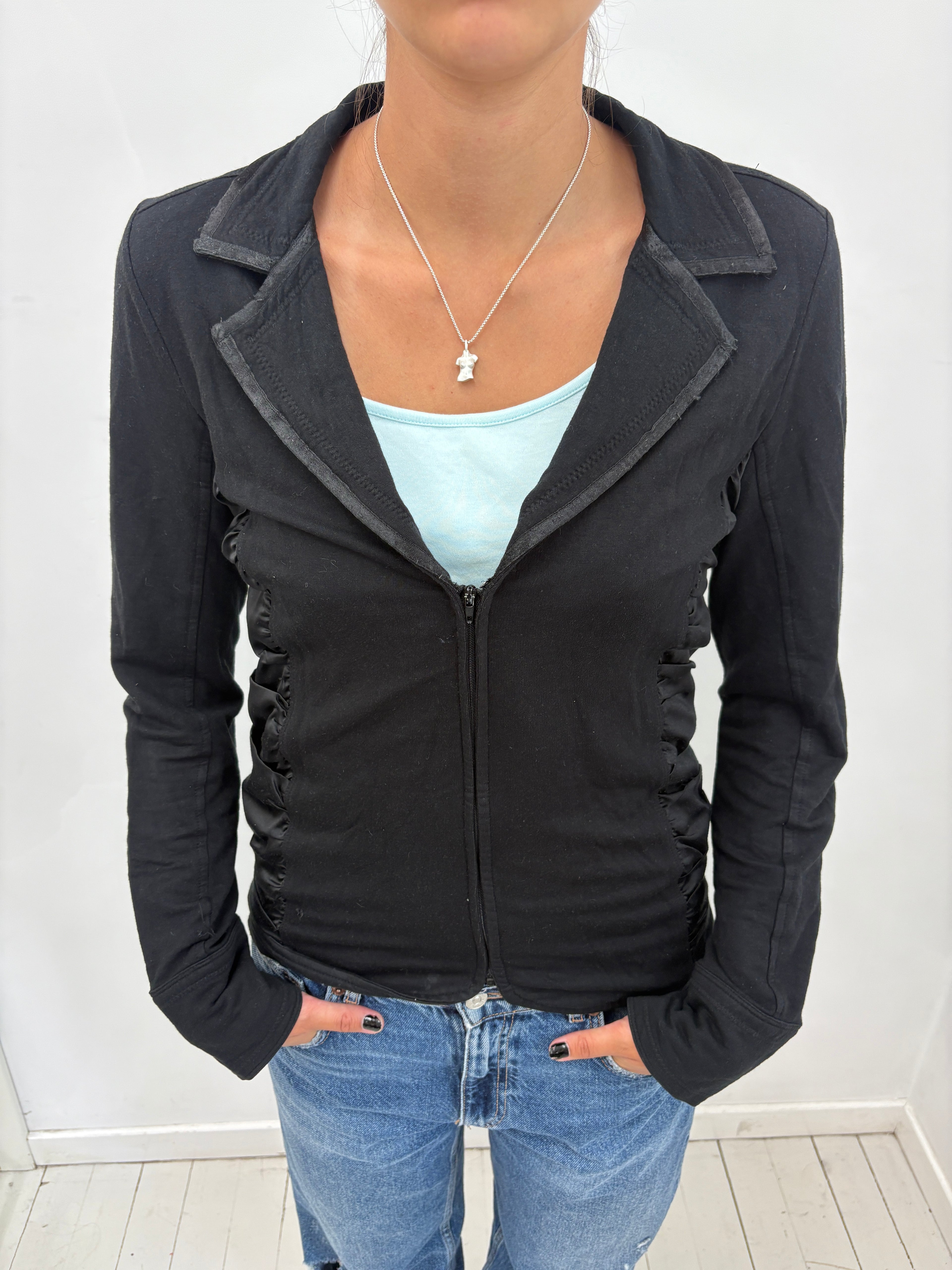 Black Satin-Ruched Zip Jacket With Wide Collar