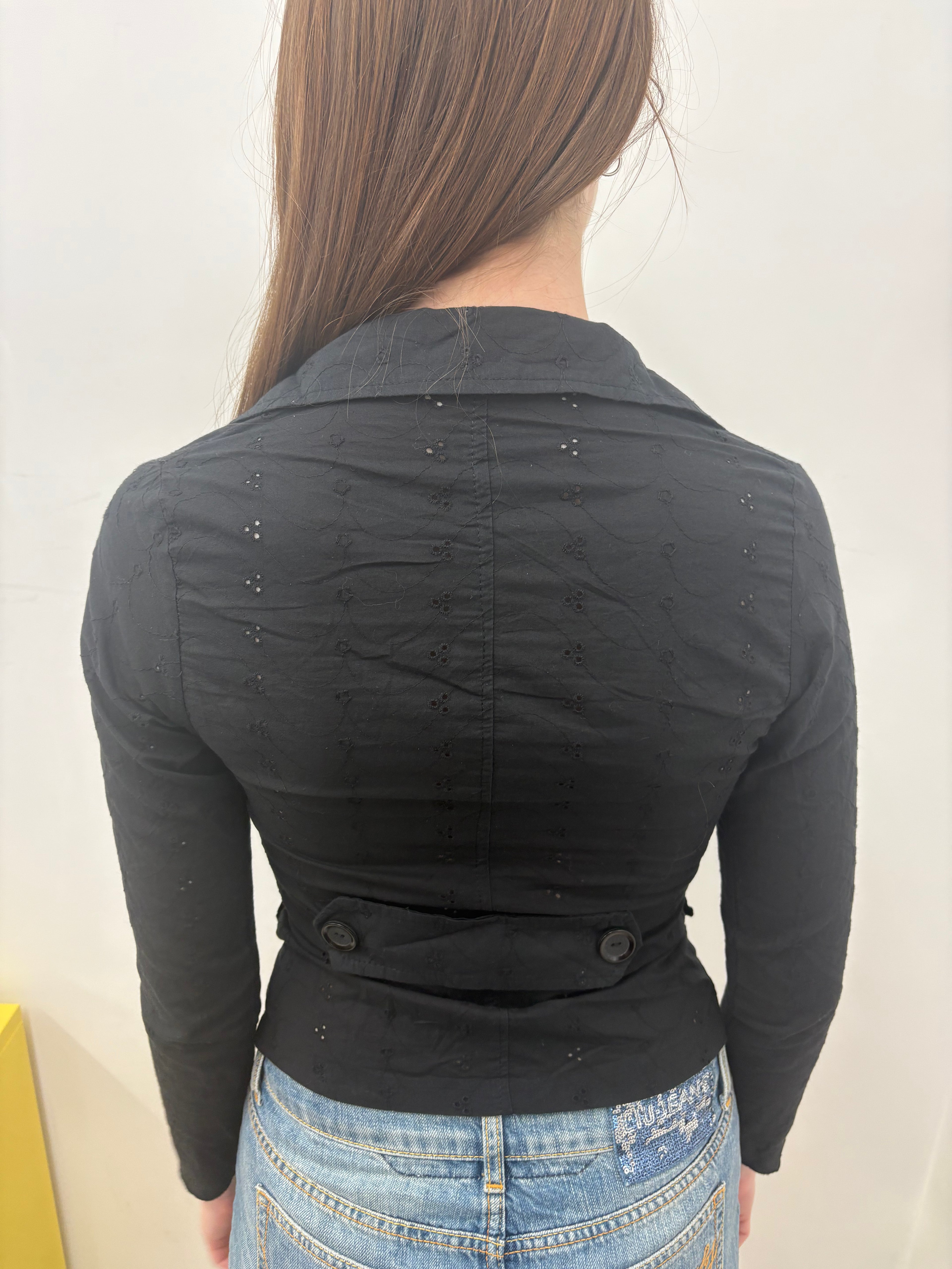 Black Broderie Anglaise Fitted Cropped Blazer Vintage