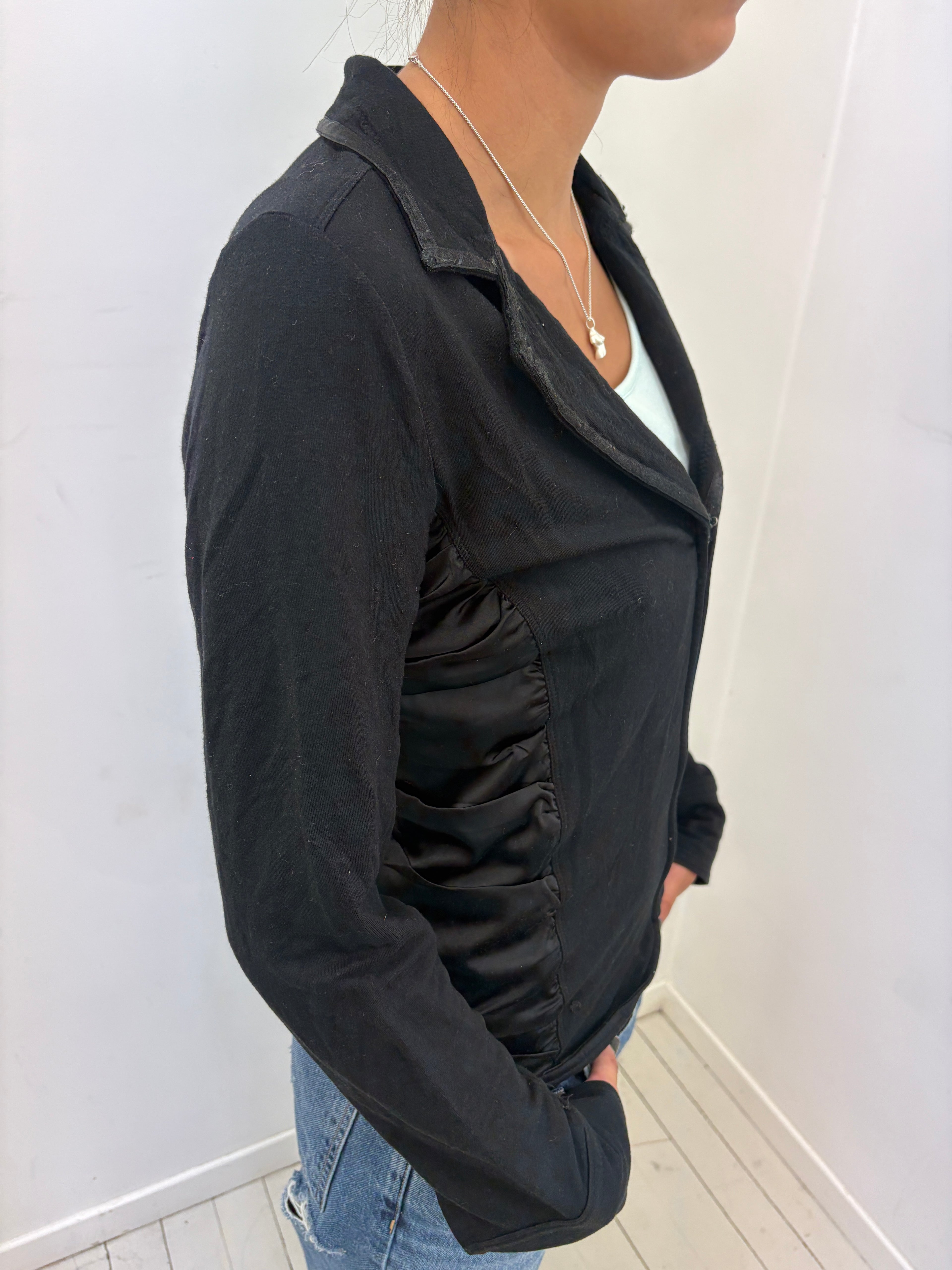 Black Satin-Ruched Zip Jacket With Wide Collar
