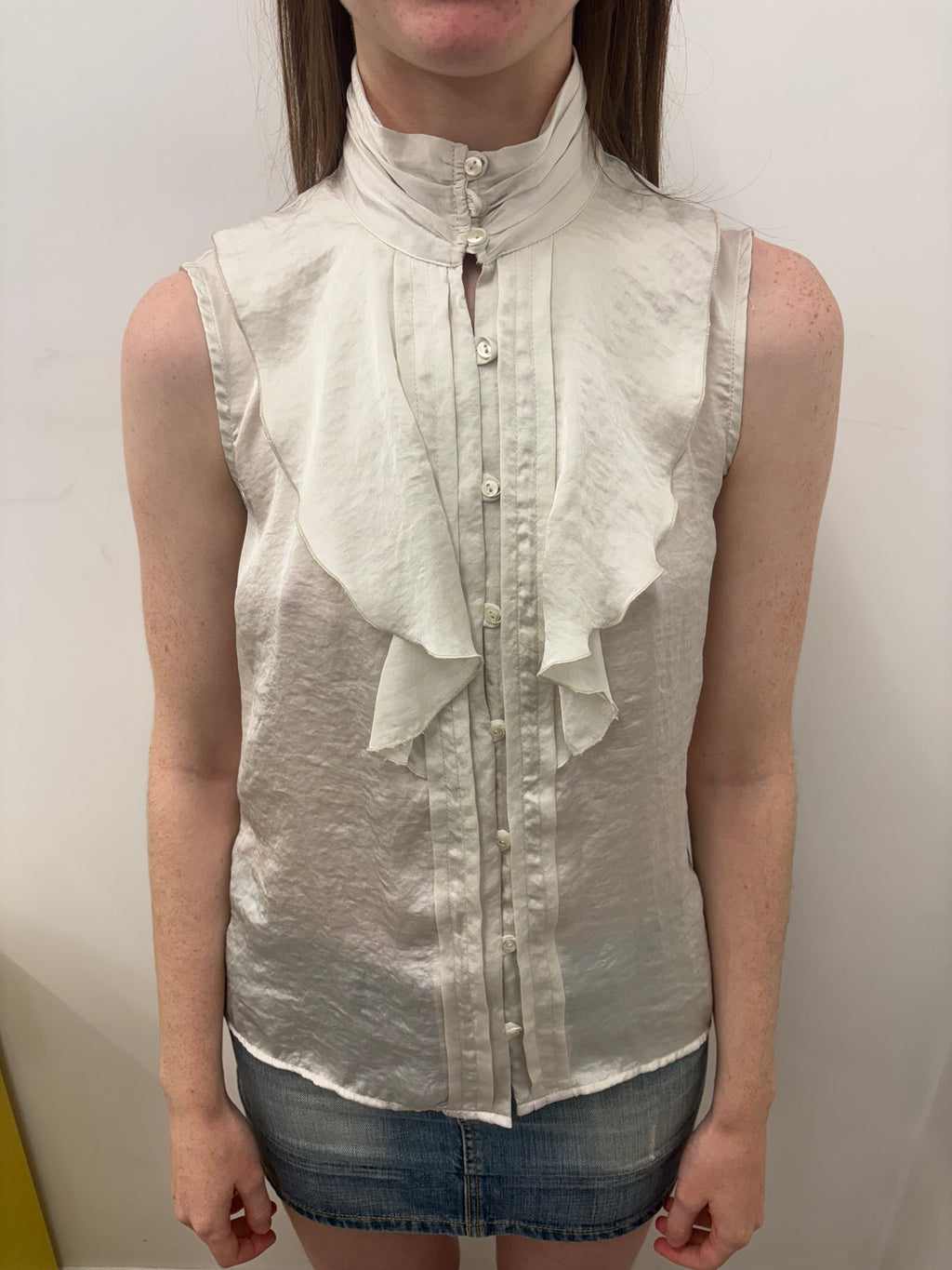 Ivory Satin Ruffle Front Sleeveless Button Blouse