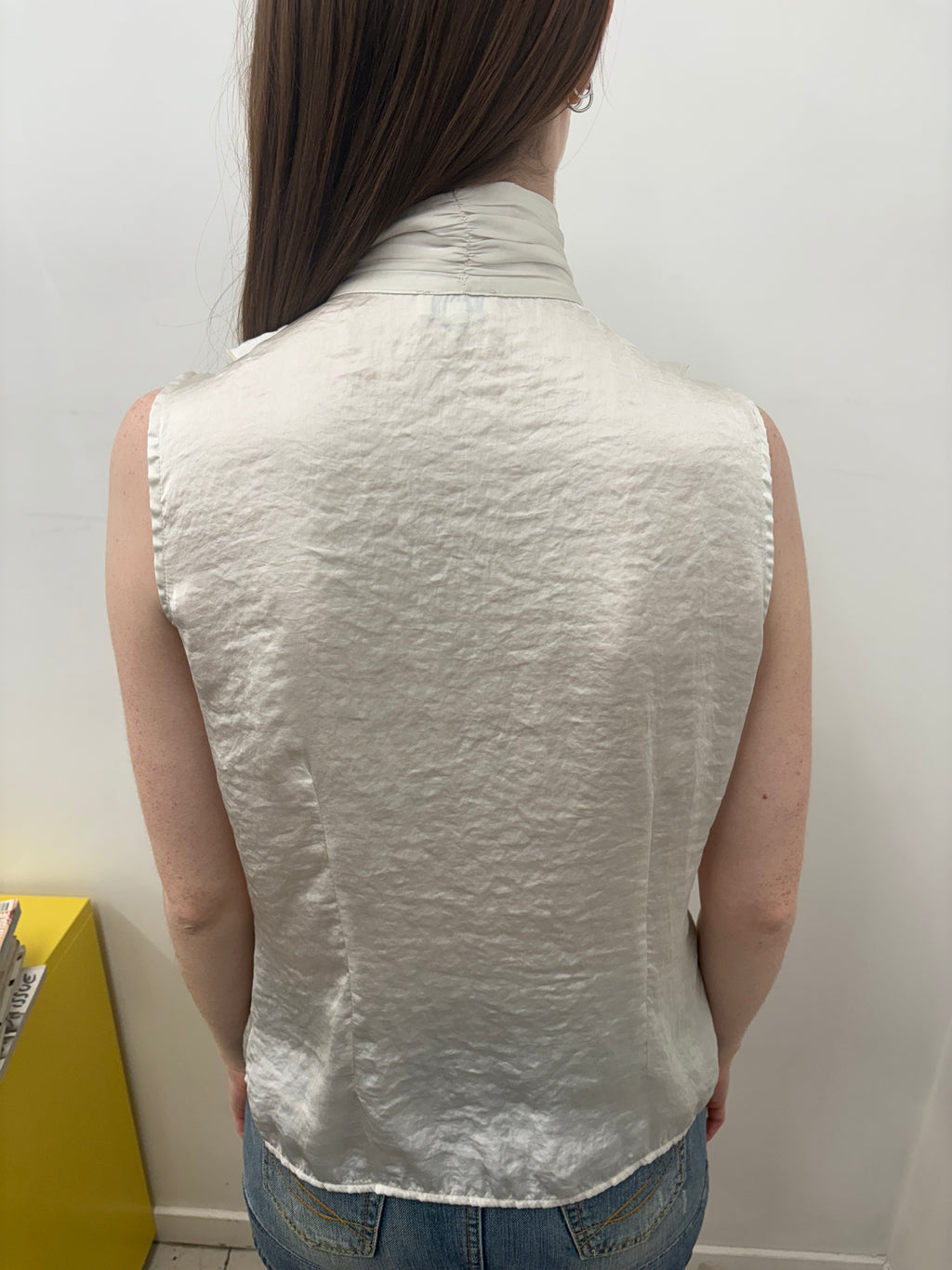 Ivory Satin Ruffle Front Sleeveless Button Blouse