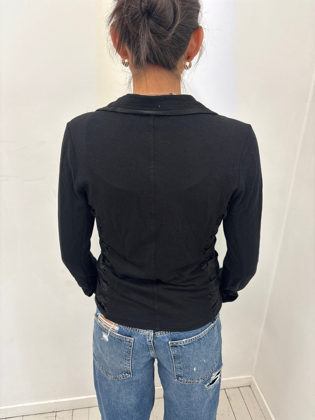 Black Satin-Ruched Zip Jacket With Wide Collar