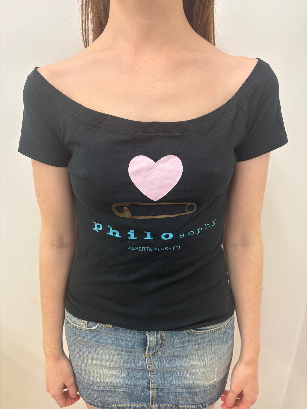 Black Off-Shoulder Philosophy Alberta Ferretti Logo Tee