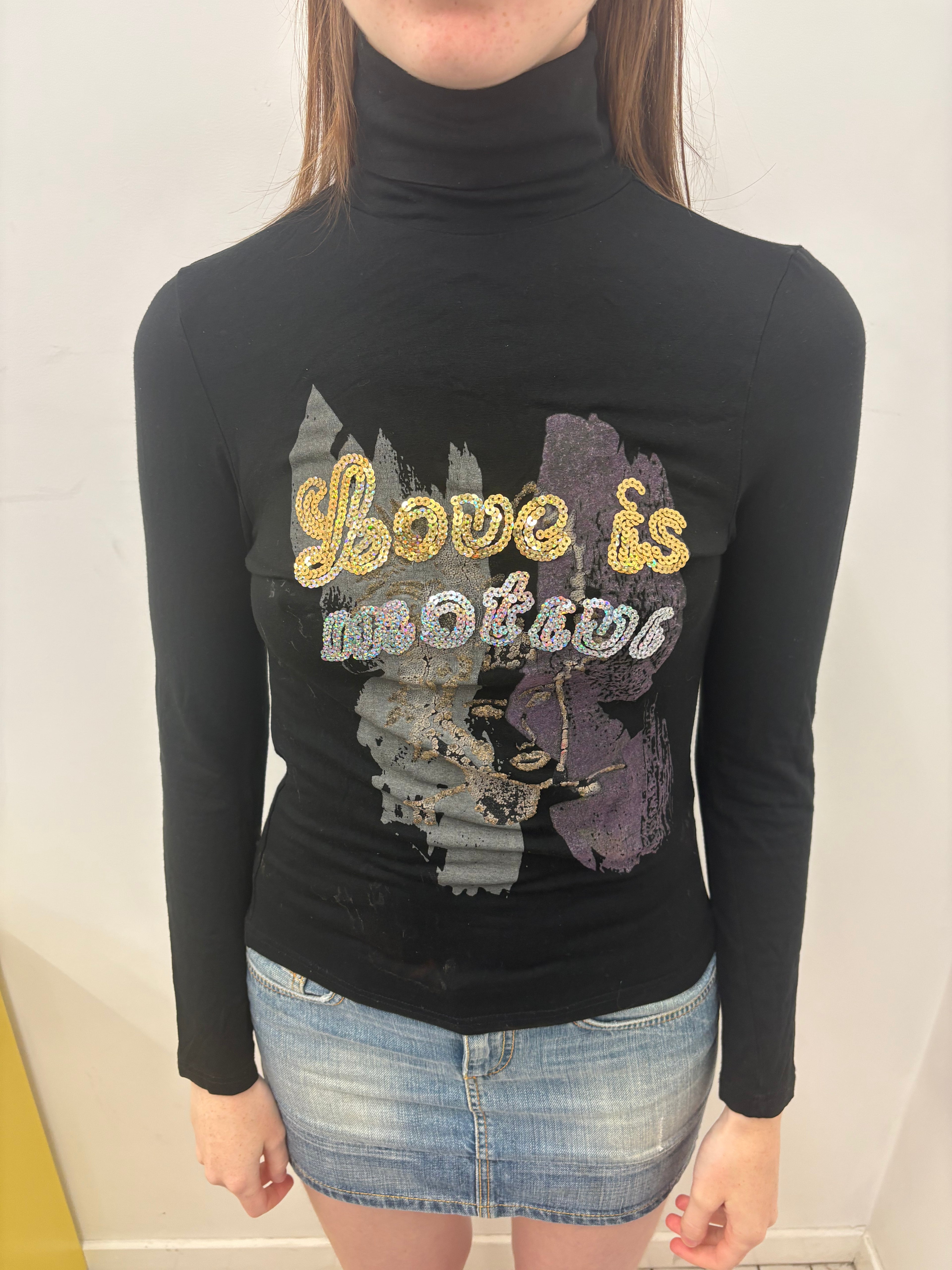 Black Sequin Graphic Fitted Turtleneck Top Y2K