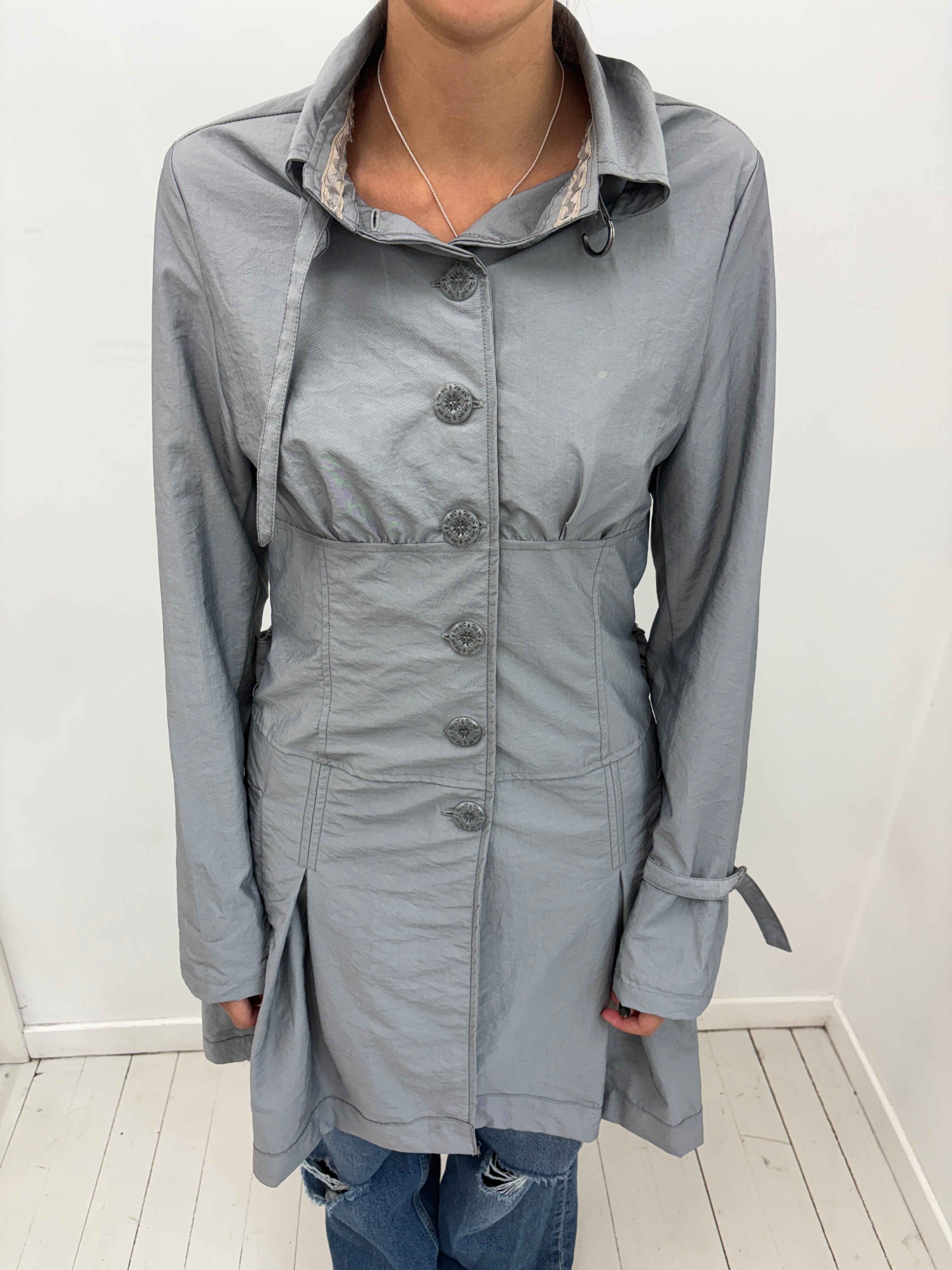 Grey Fitted Belted Coat With Pleated Back