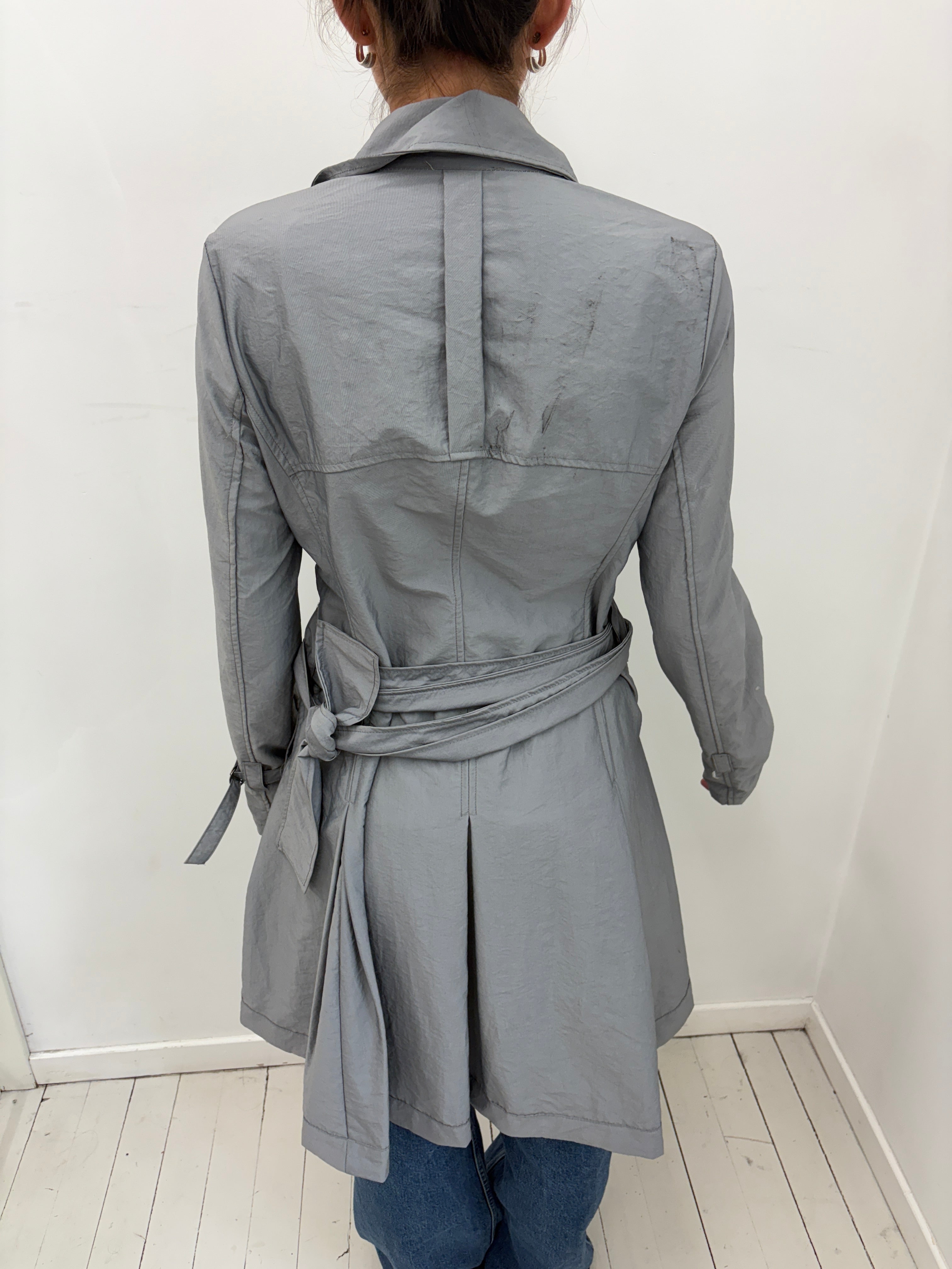Grey Fitted Belted Coat With Pleated Back