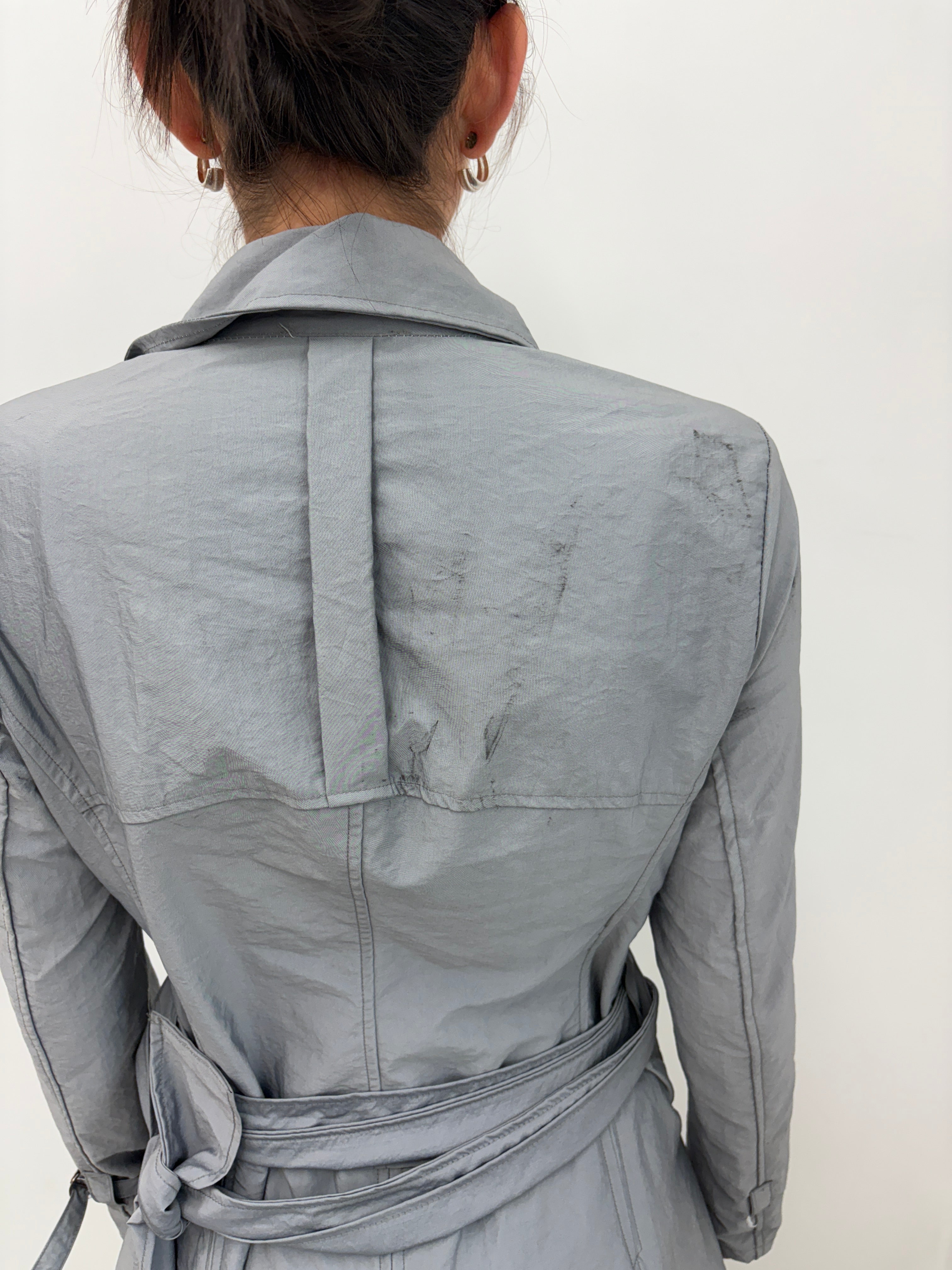 Grey Fitted Belted Coat With Pleated Back