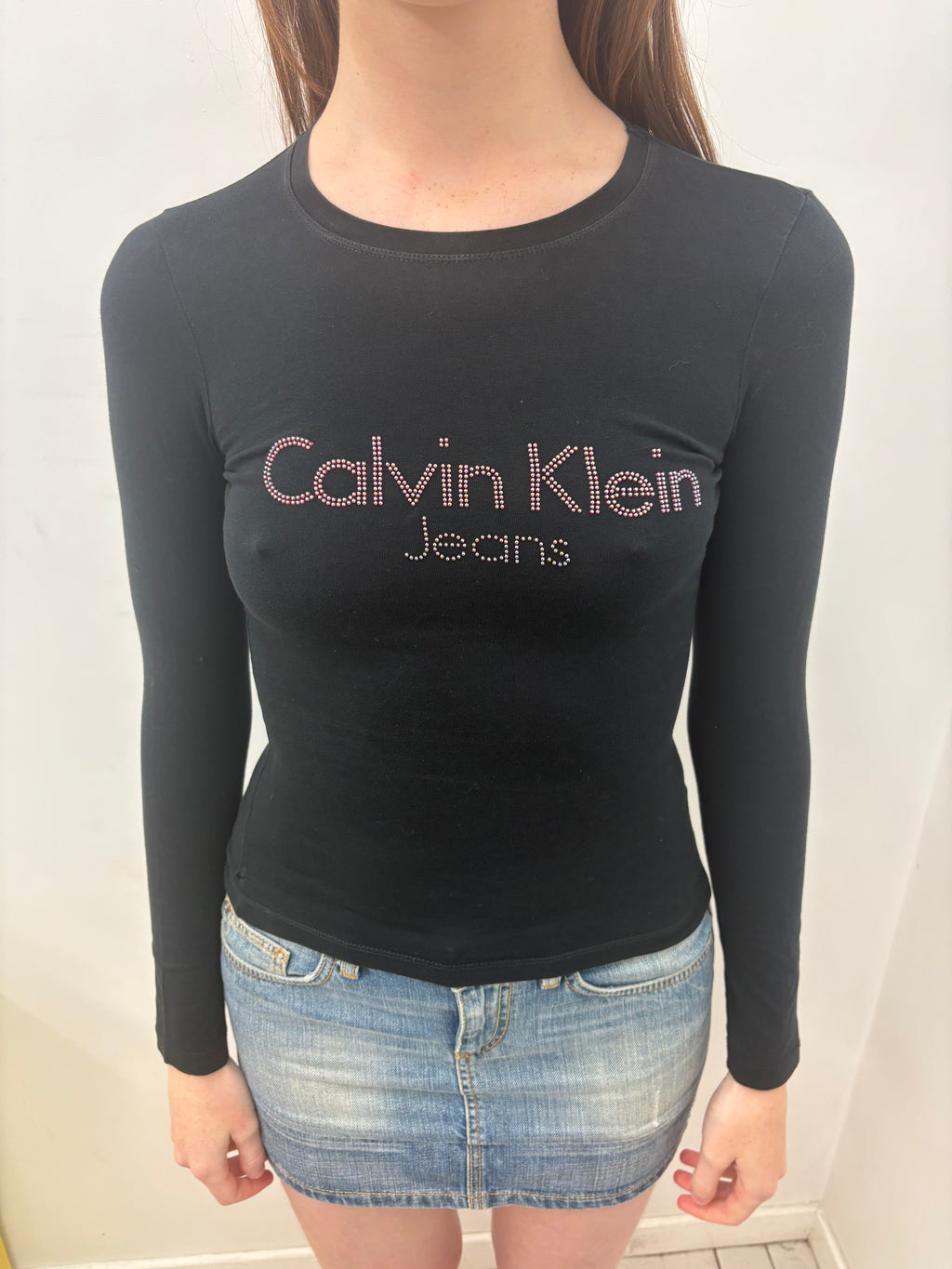 Black Calvin Klein Jeans Rhinestone Logo Long Sleeve