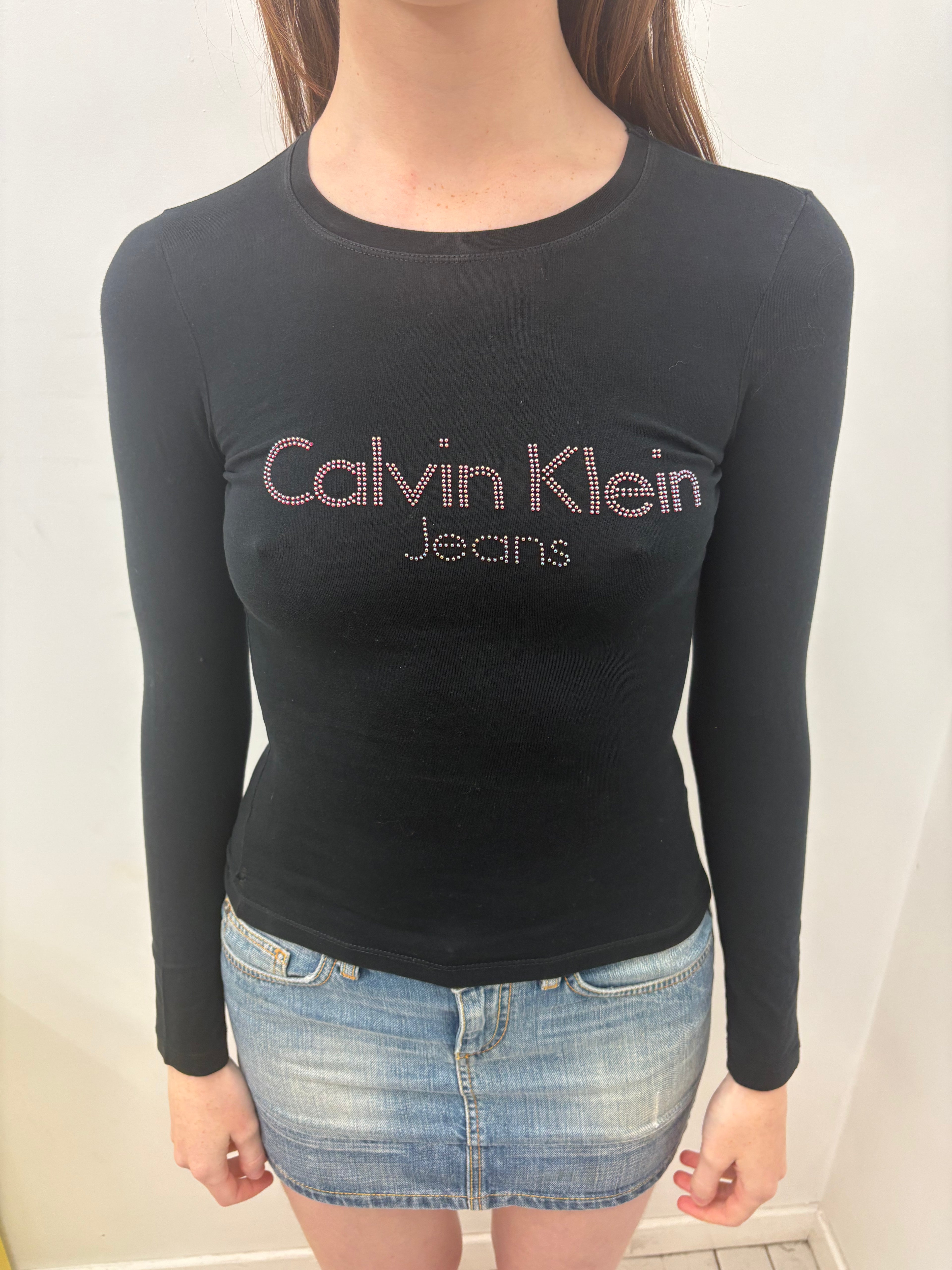 Black Calvin Klein Jeans Rhinestone Logo Long Sleeve