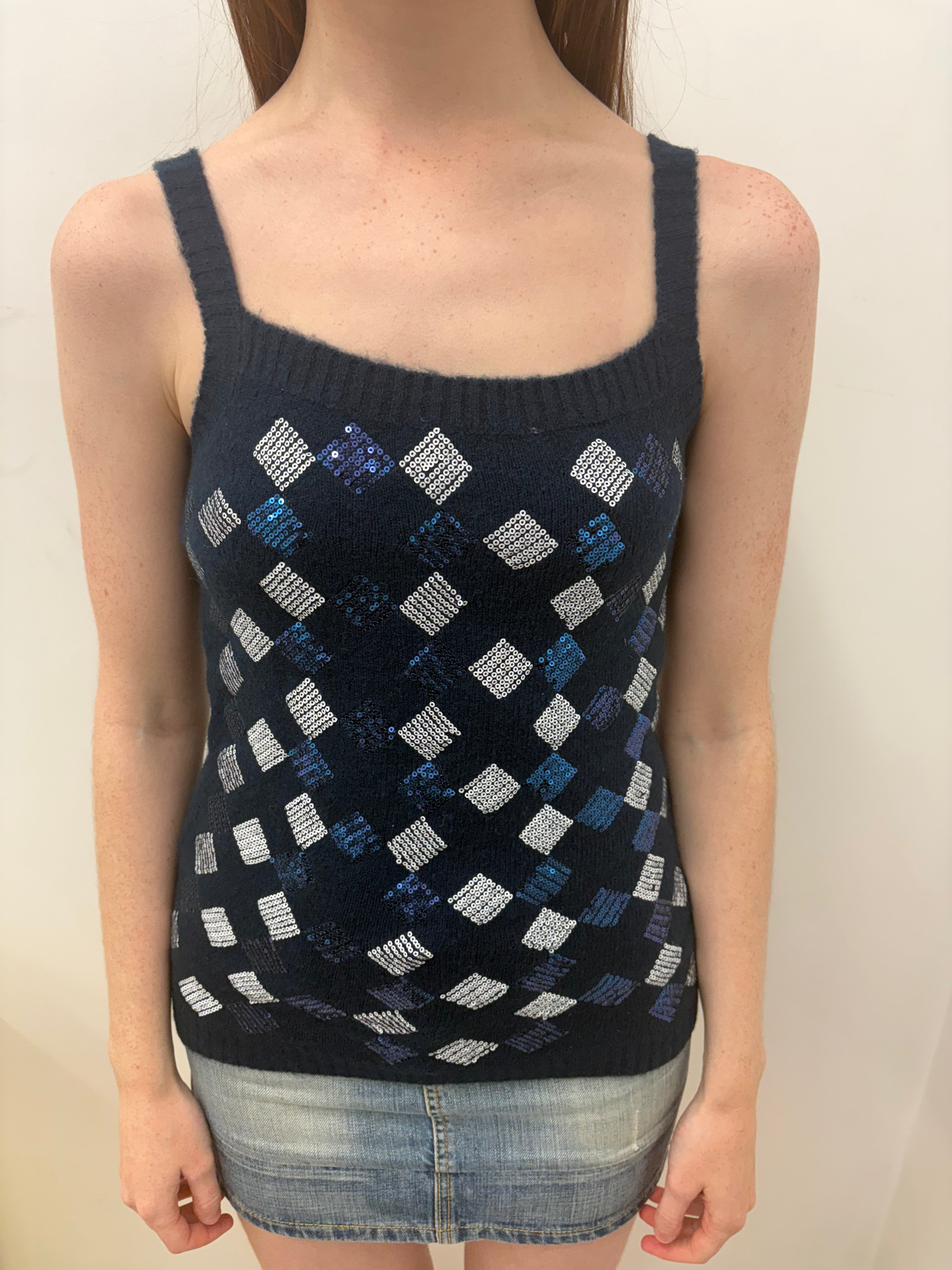 Navy Fluffy Knit Tank Top Diamond Sequin Detail
