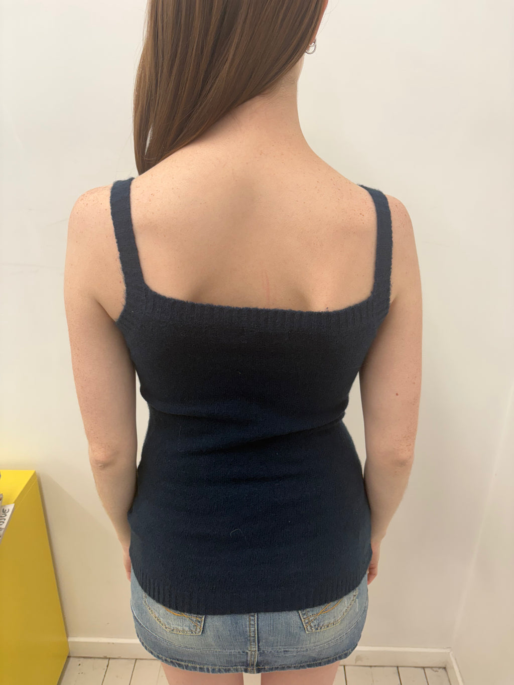 Navy Fluffy Knit Tank Top Diamond Sequin Detail