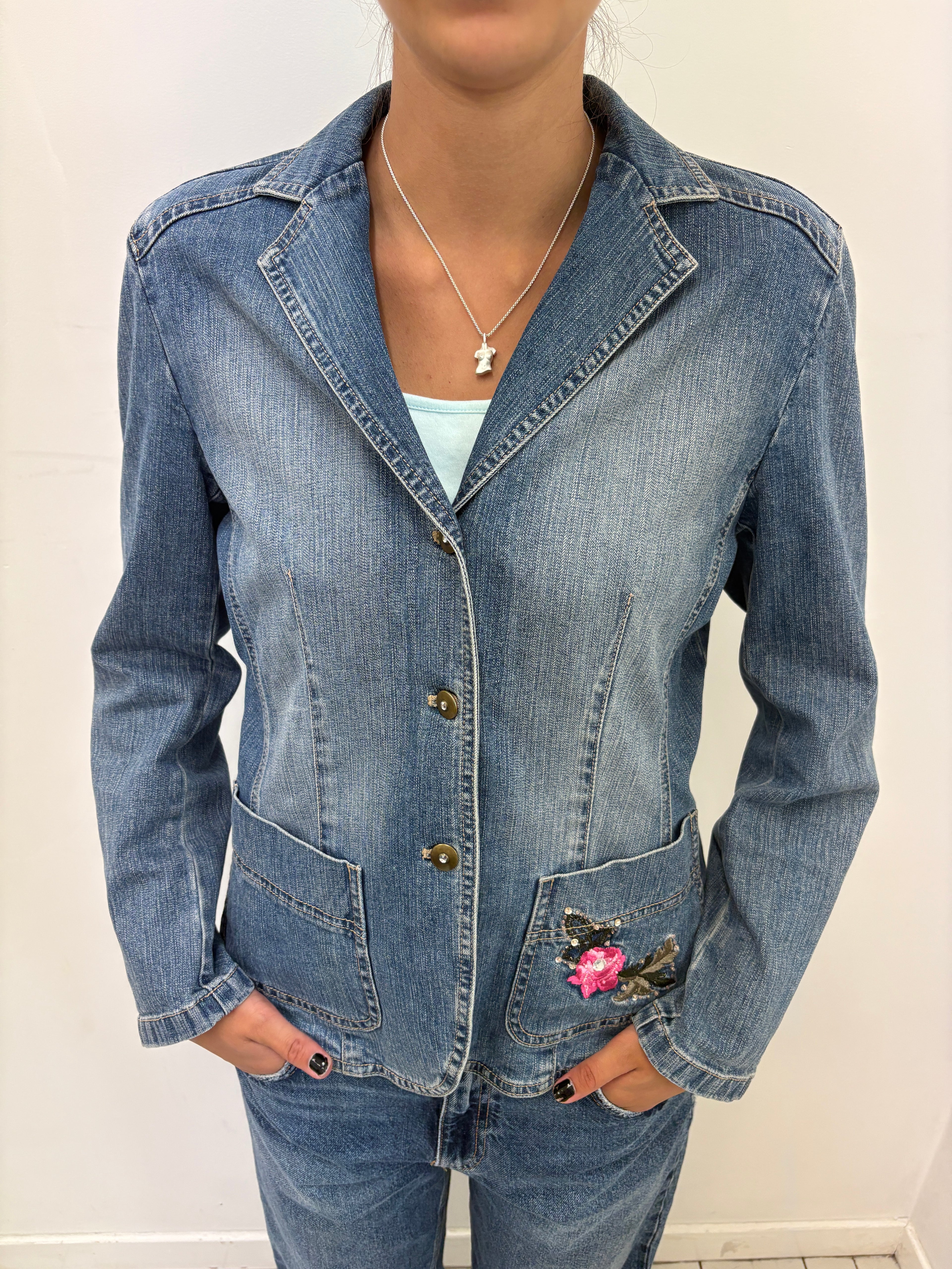 Denim Blazer With Sequin Rose Patch Pocket