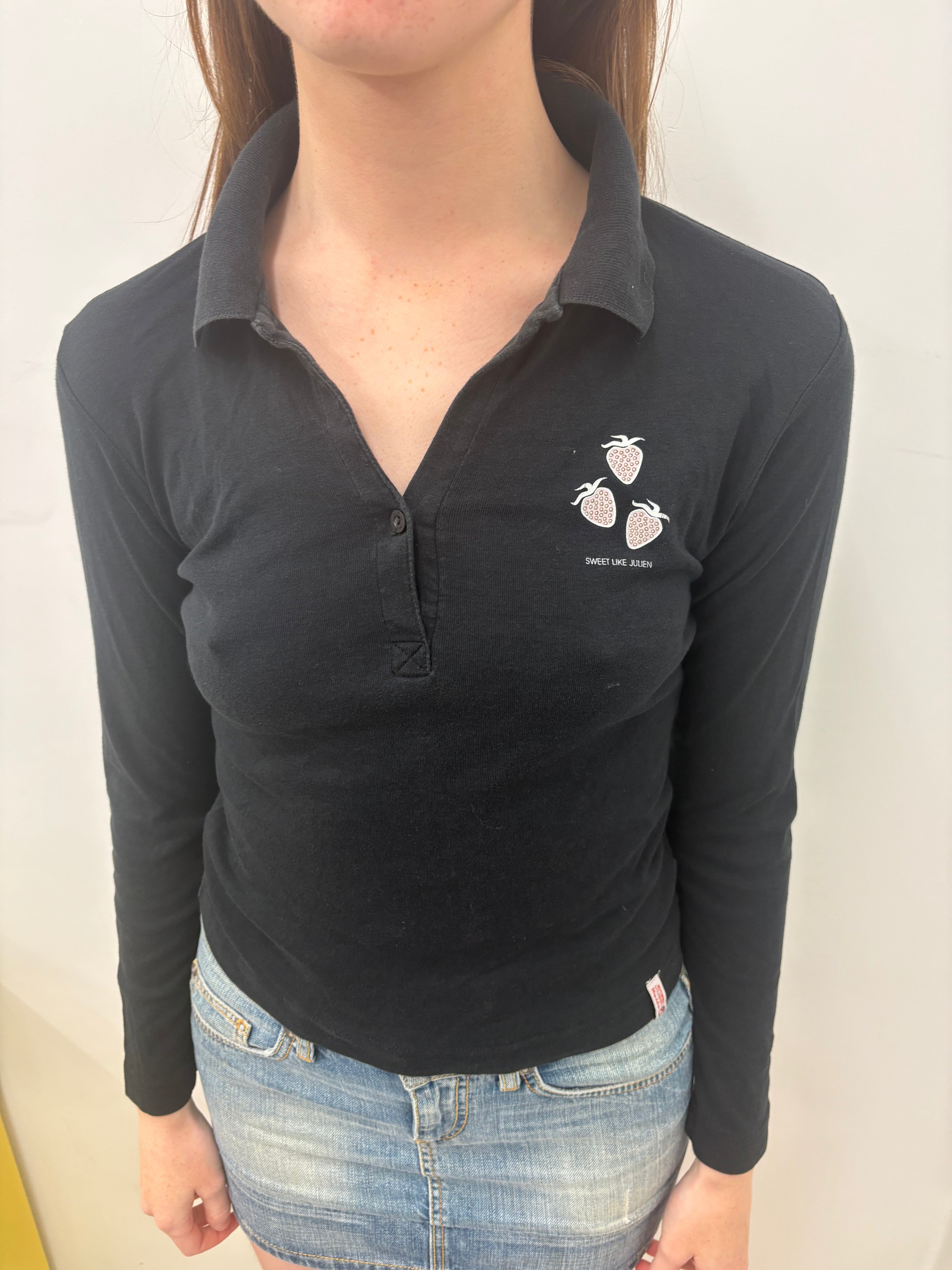 Black Long Sleeve Fitted Polo Strawberry Graphic