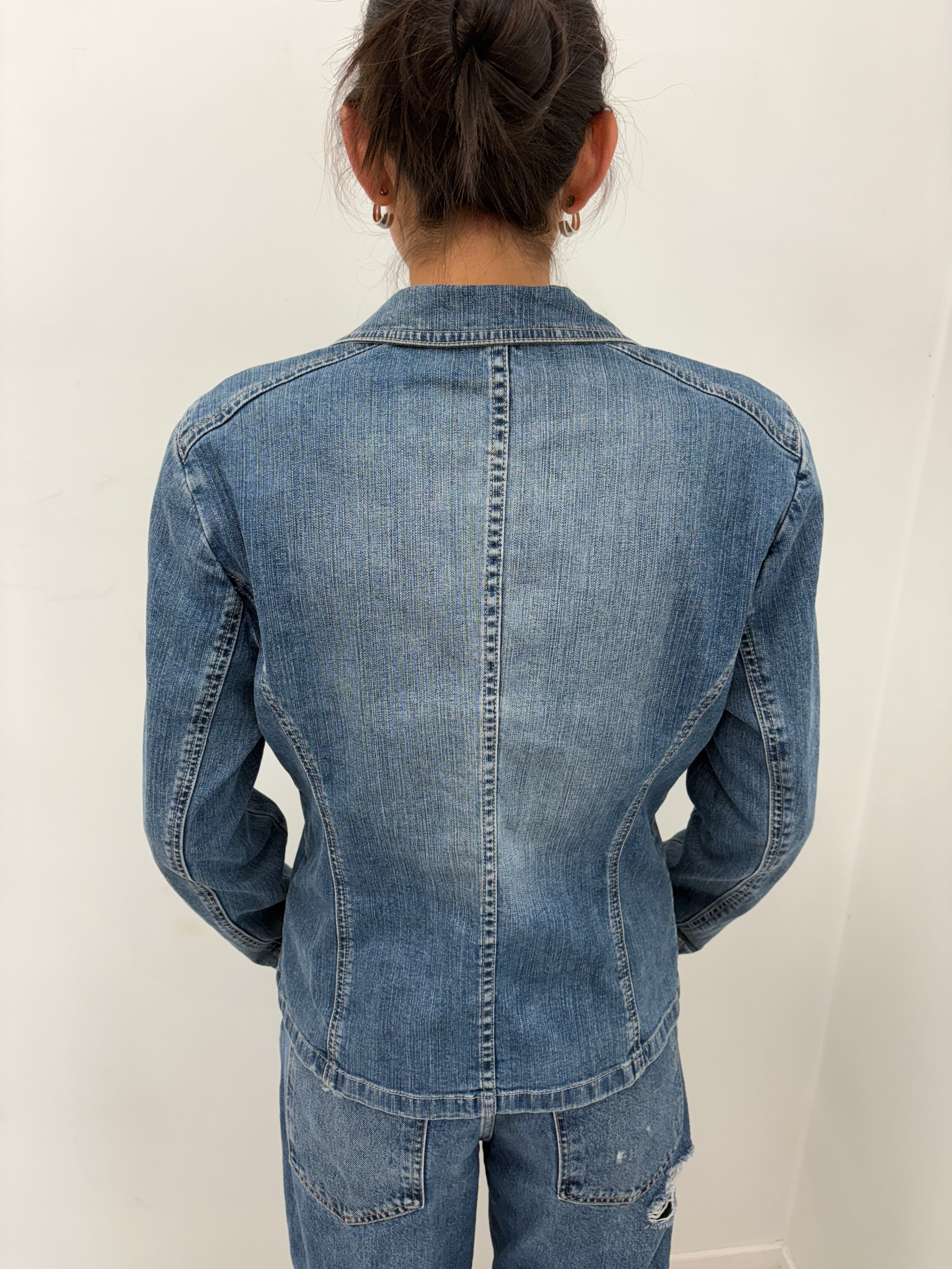 Denim Blazer With Sequin Rose Patch Pocket