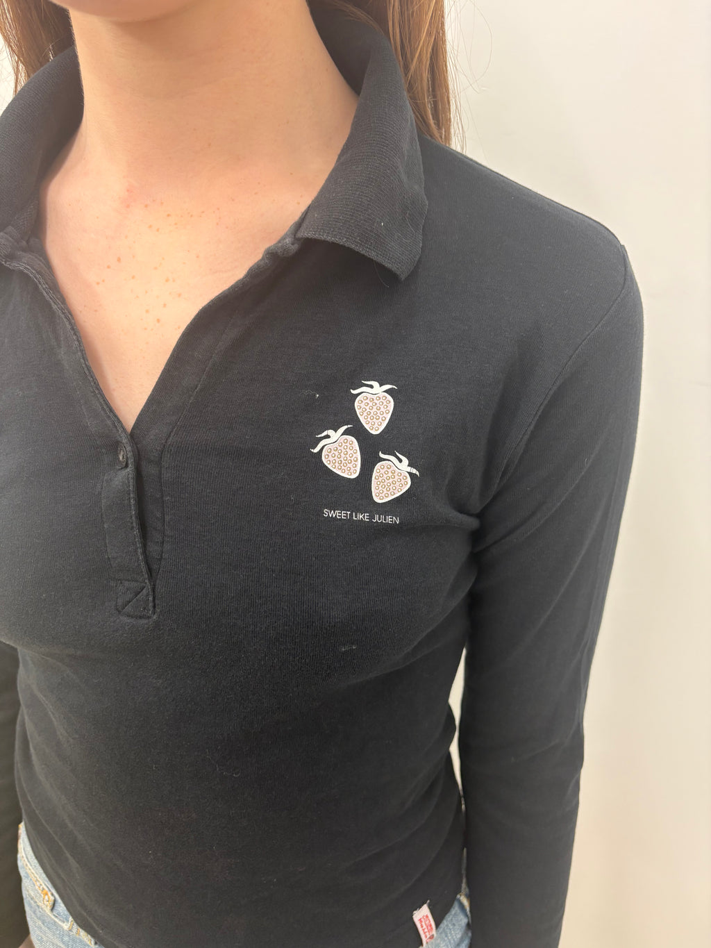 Black Long Sleeve Fitted Polo Strawberry Graphic