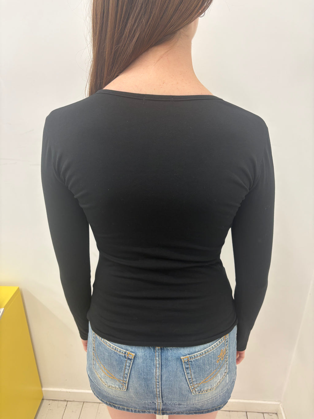 Black Scoop Neck Long Sleeve Rhinestone Heart Top
