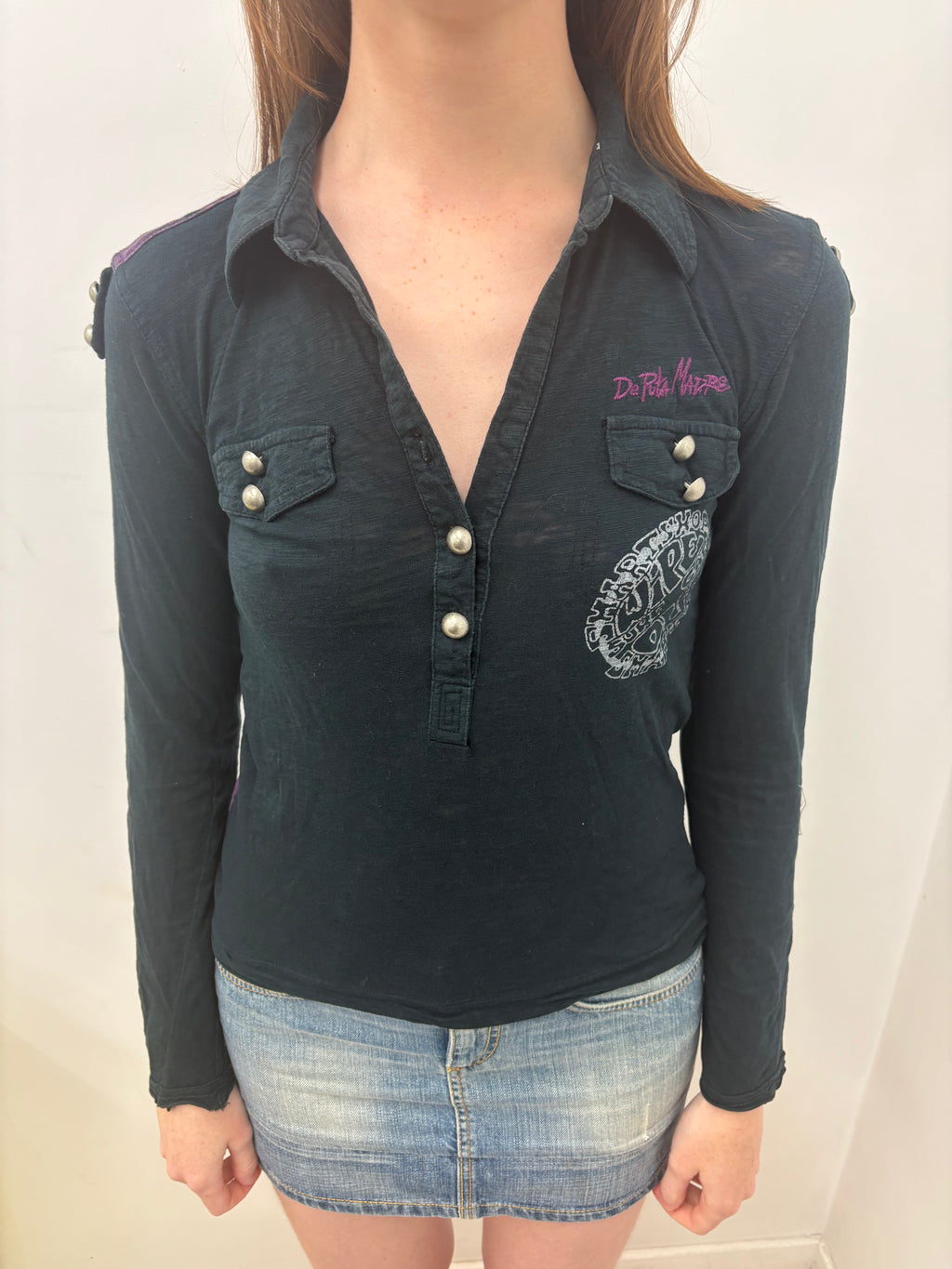 Dark Grey Utility Polo Long Sleeve Graphic Top