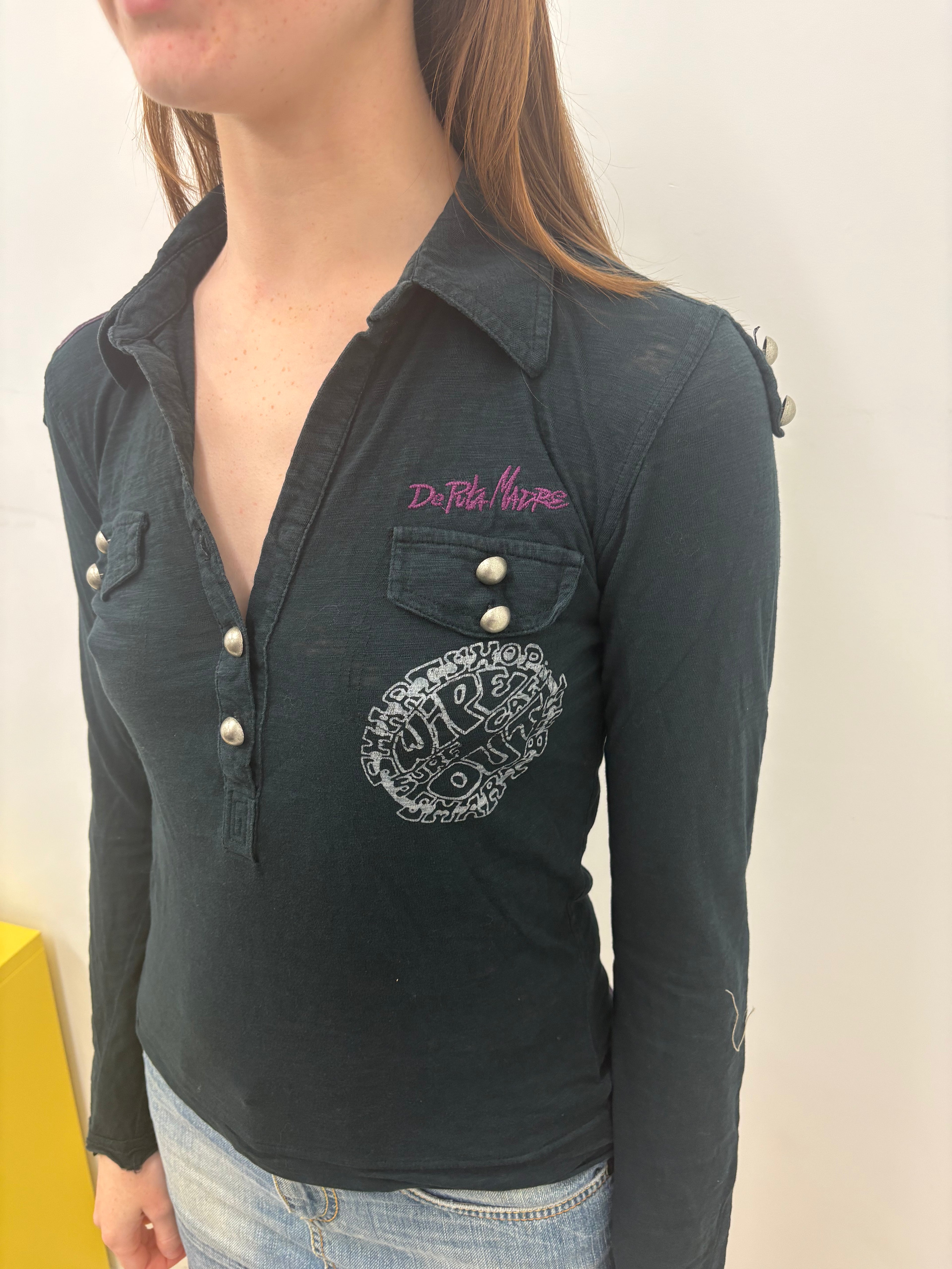 Dark Grey Utility Polo Long Sleeve Graphic Top