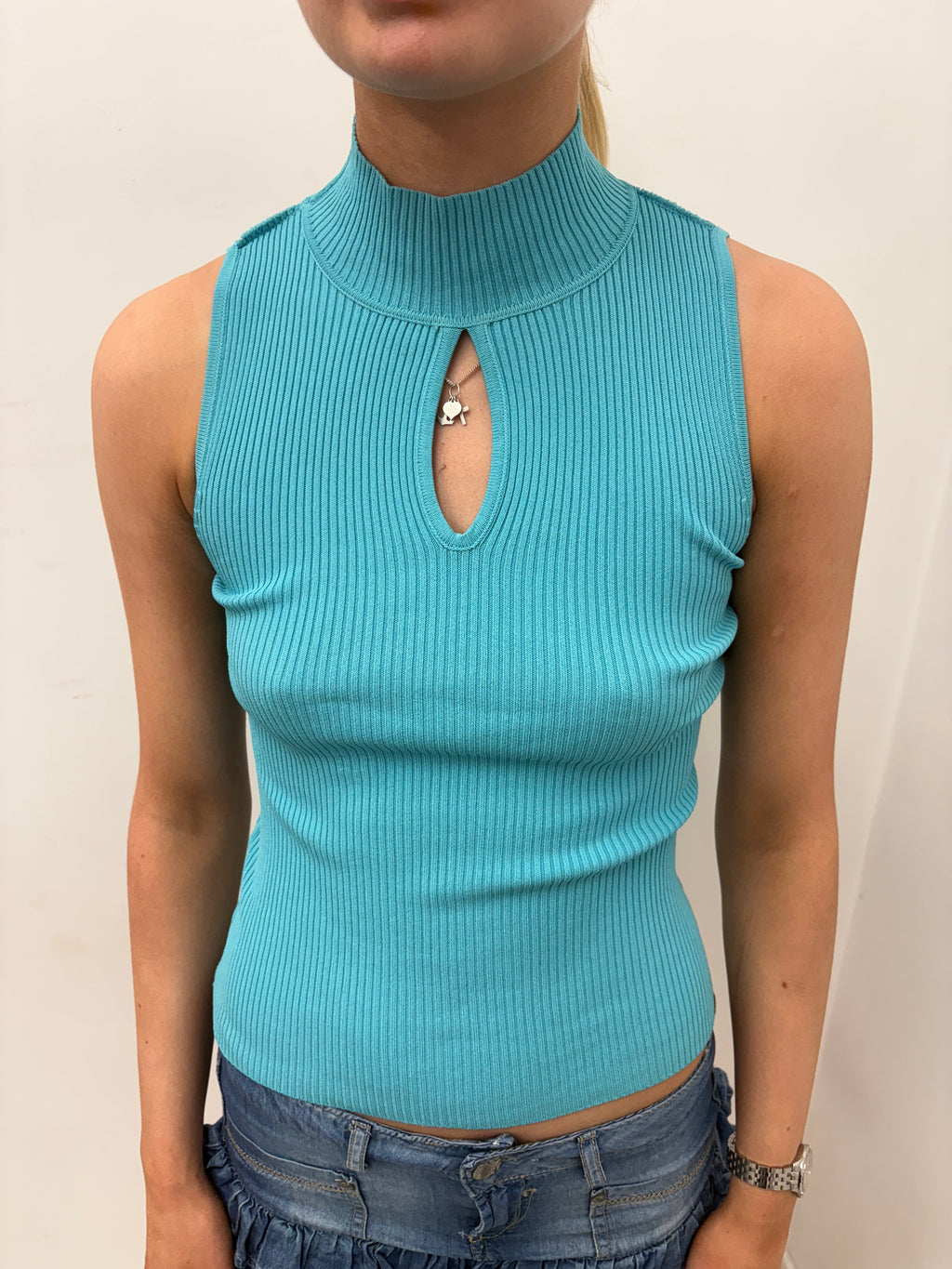 Turquoise Ribbed Keyhole Mock Neck Top