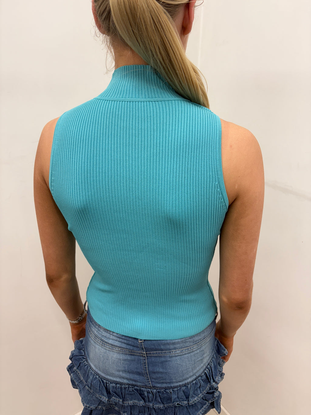 Turquoise Ribbed Keyhole Mock Neck Top