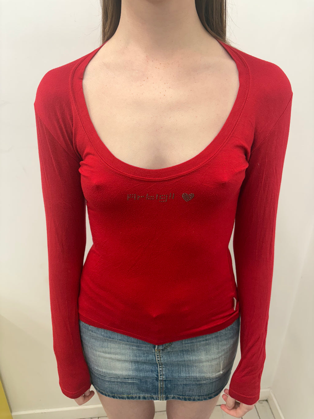 Red Fitted Scoop Neck Long Sleeve Rhinestone Top