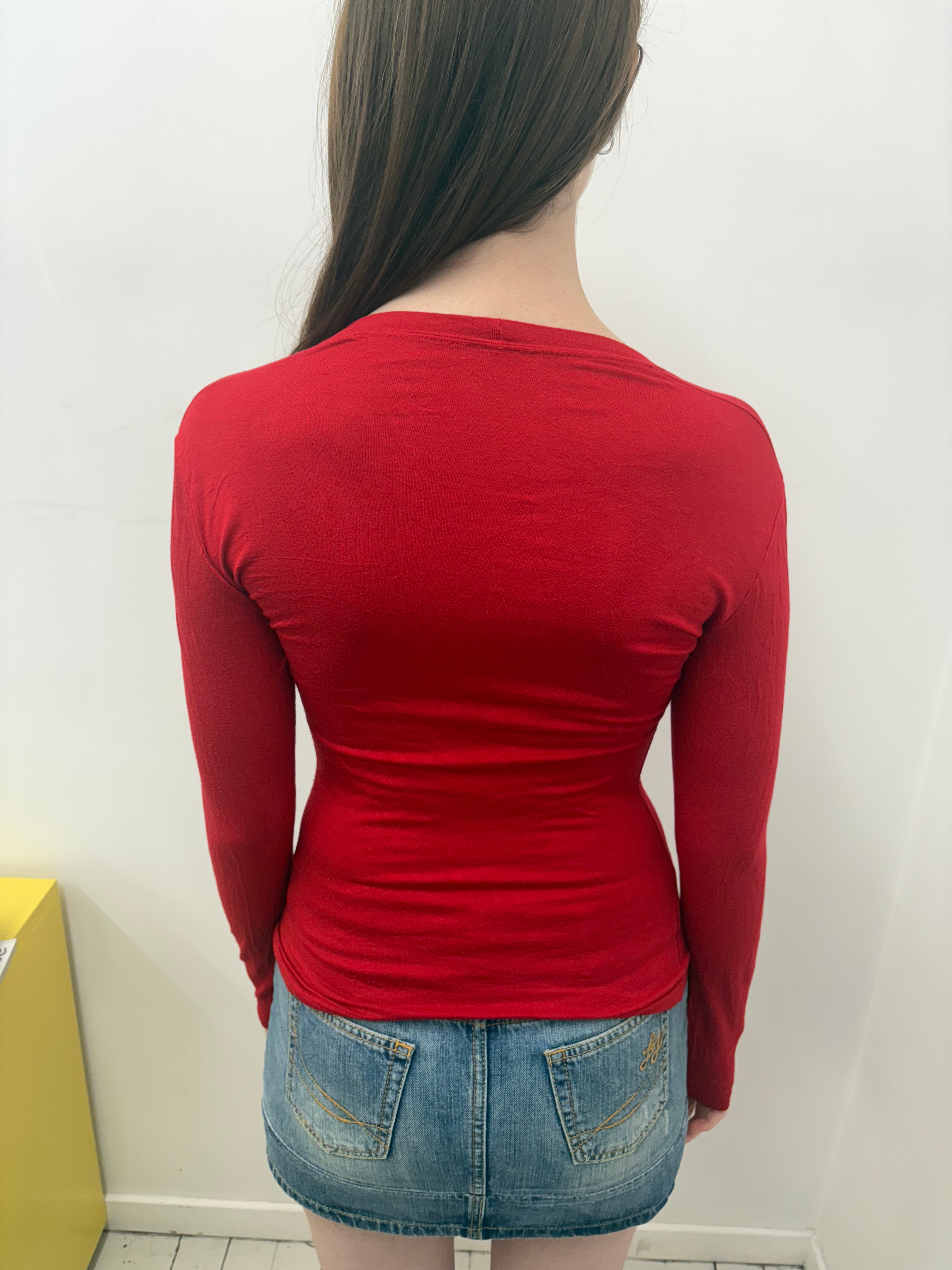 Red Fitted Scoop Neck Long Sleeve Rhinestone Top