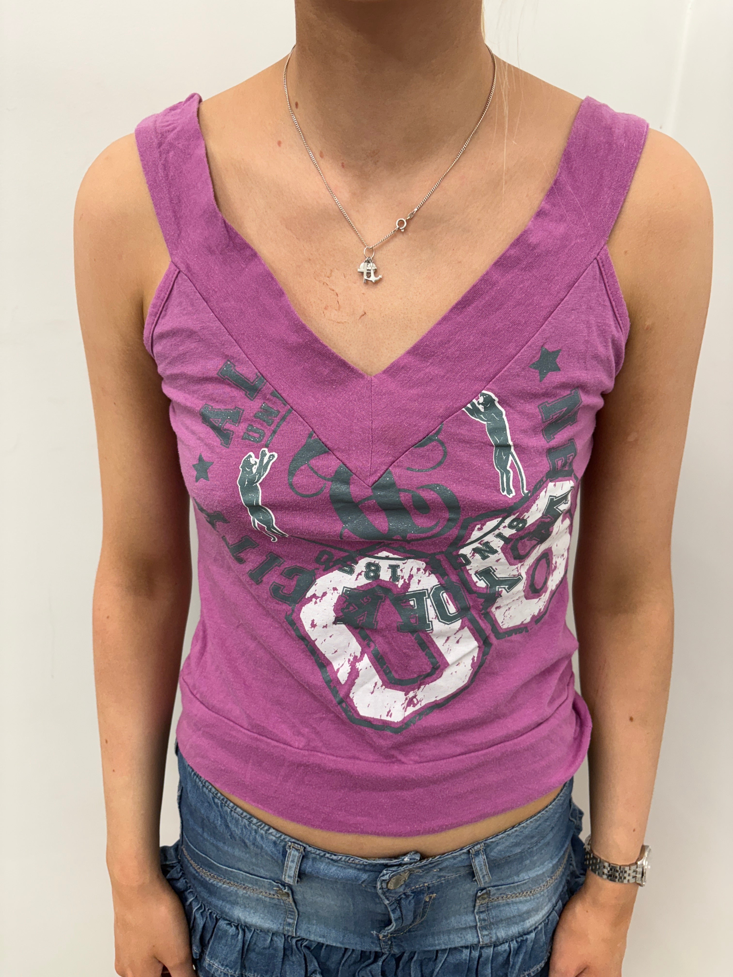 Purple Graphic V-Neck Tank New York City