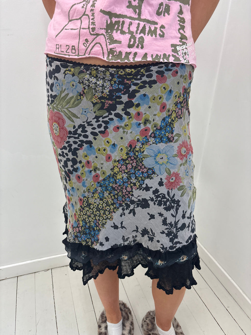 Y2K Patchwork Floral Mesh Midi Skirt