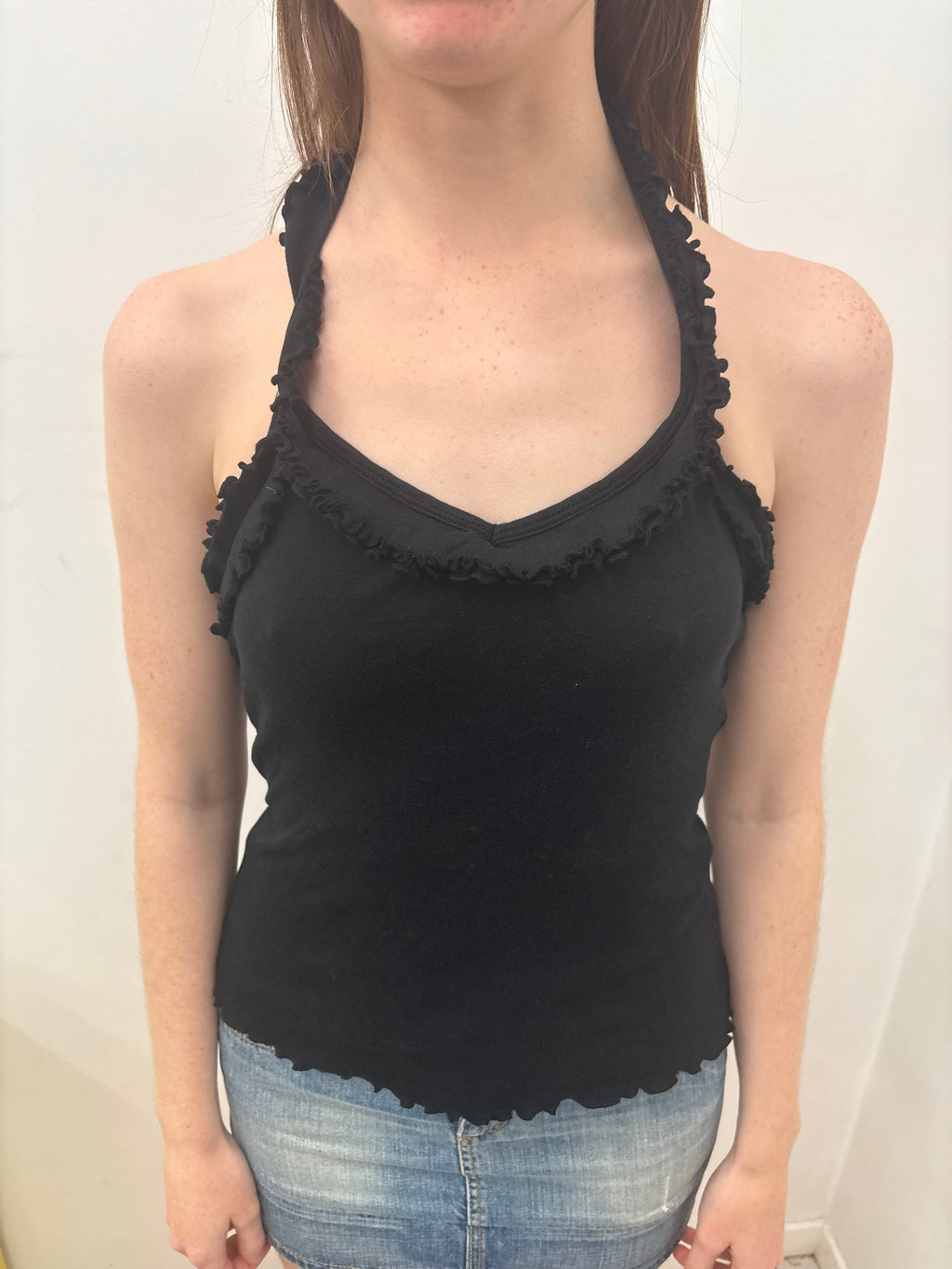 Black Halter Neck Ruffle Trim Fitted Top Y2K