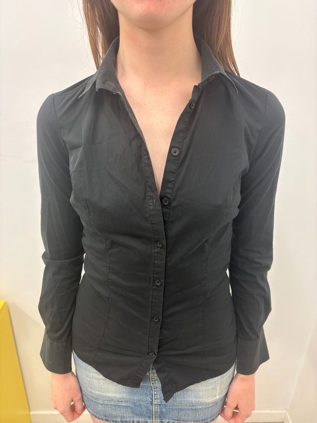 Black Fitted Deep-V Button Down Shirt Vintage
