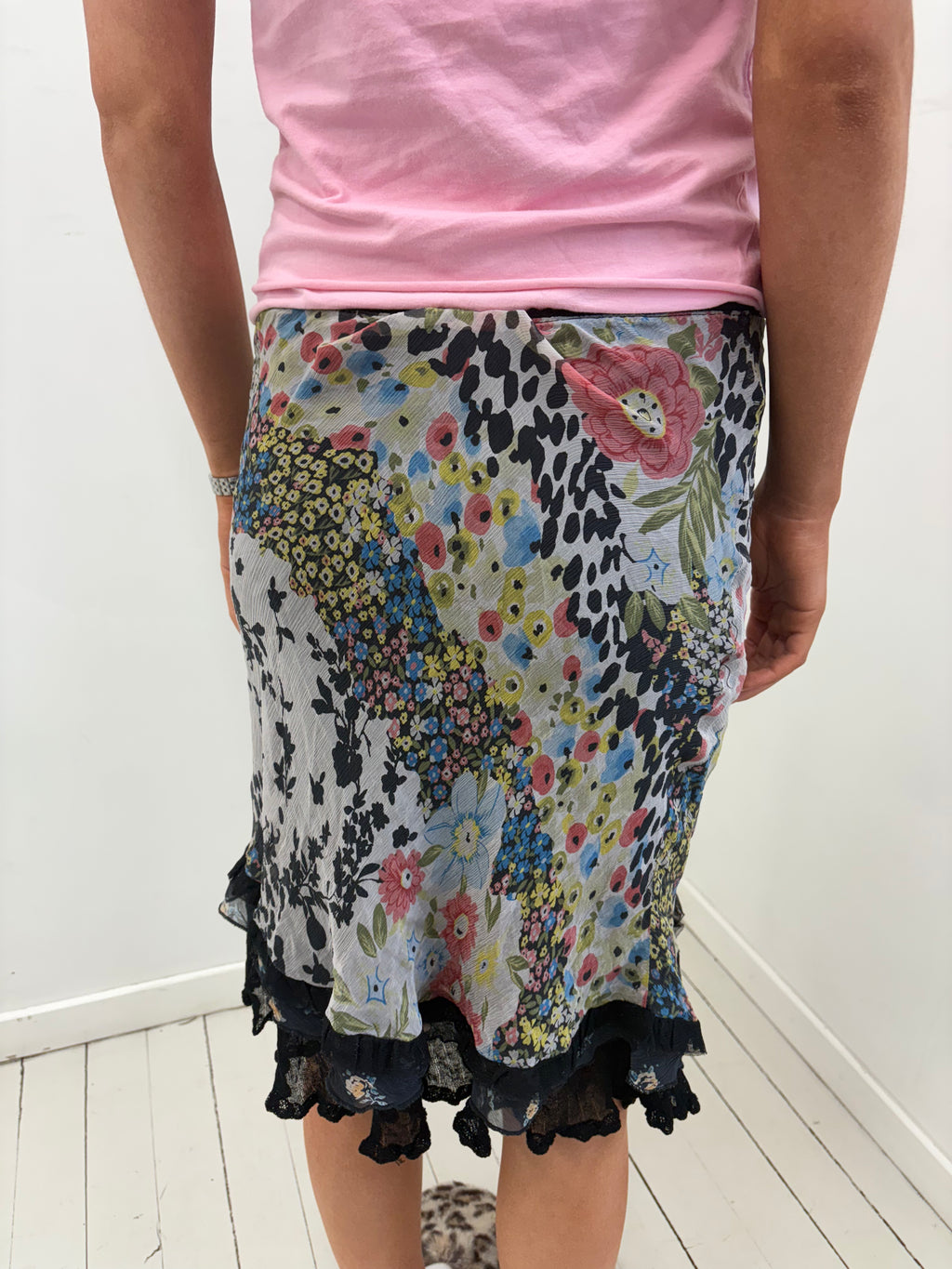 Y2K Patchwork Floral Mesh Midi Skirt