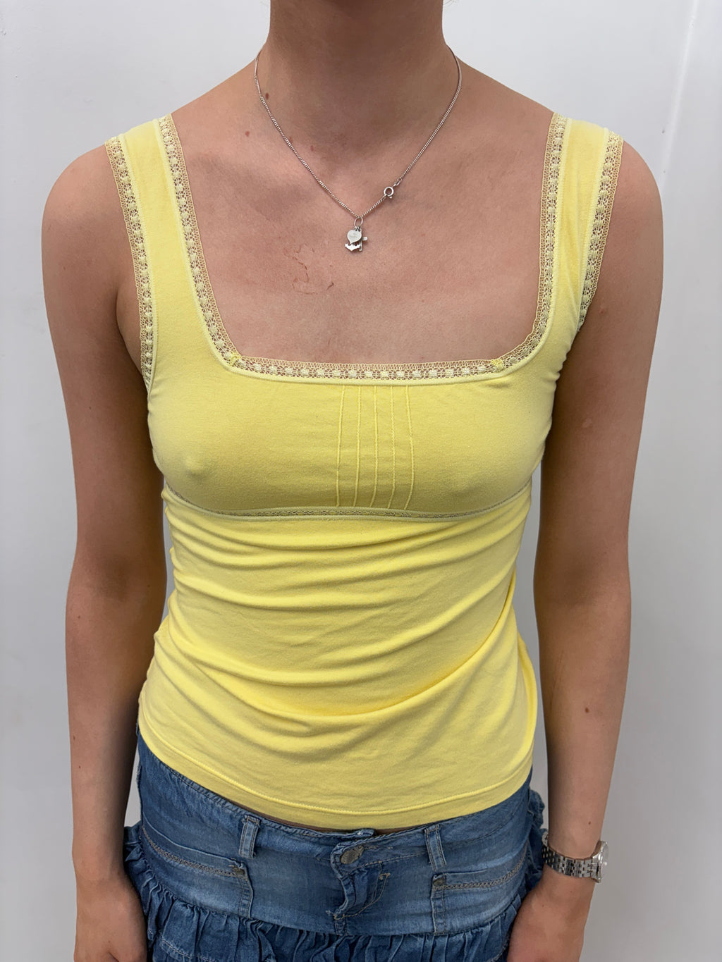 Yellow Lace Trim Square Neck Top