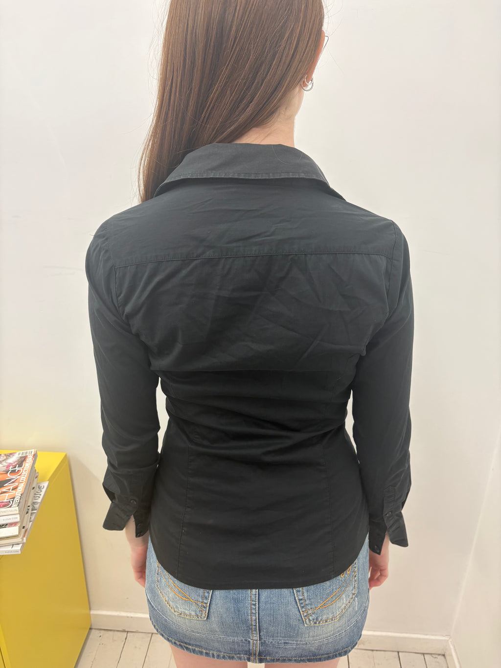 Black Fitted Deep-V Button Down Shirt Vintage