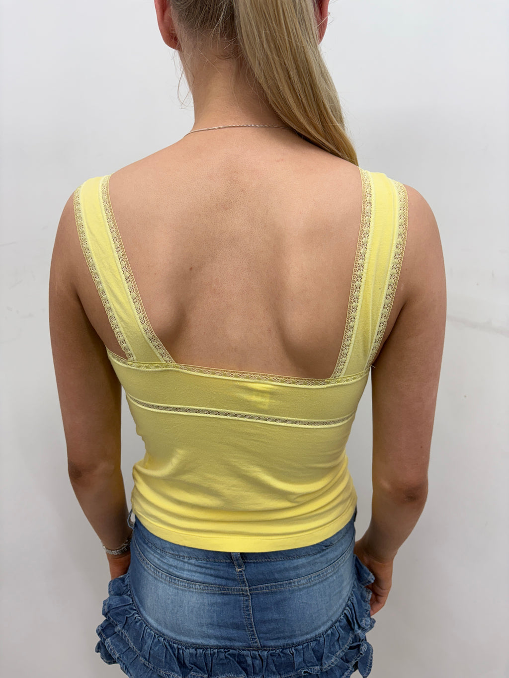 Yellow Lace Trim Square Neck Top