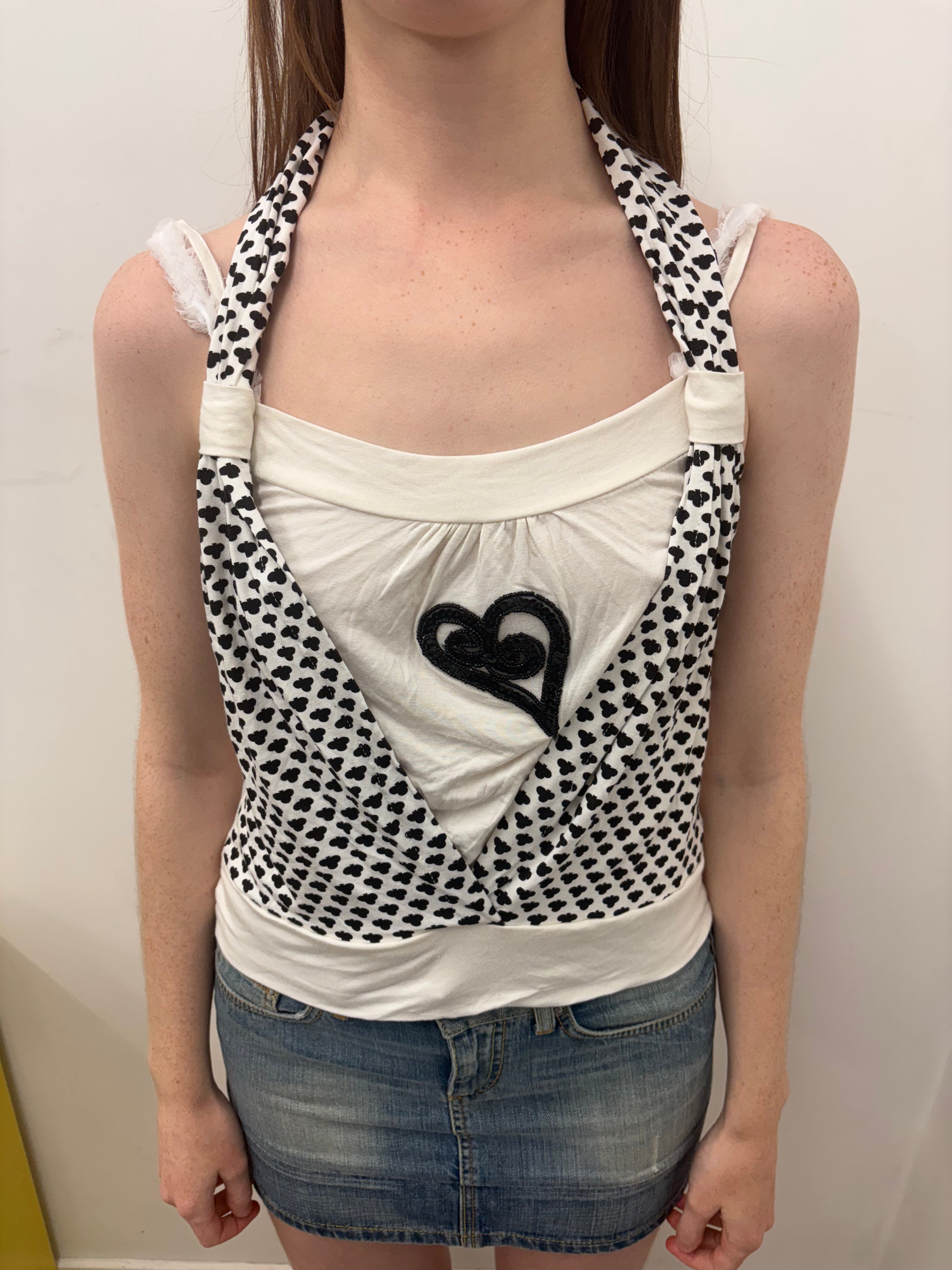 White Black Spot Print Halter Top Heart Appliqué