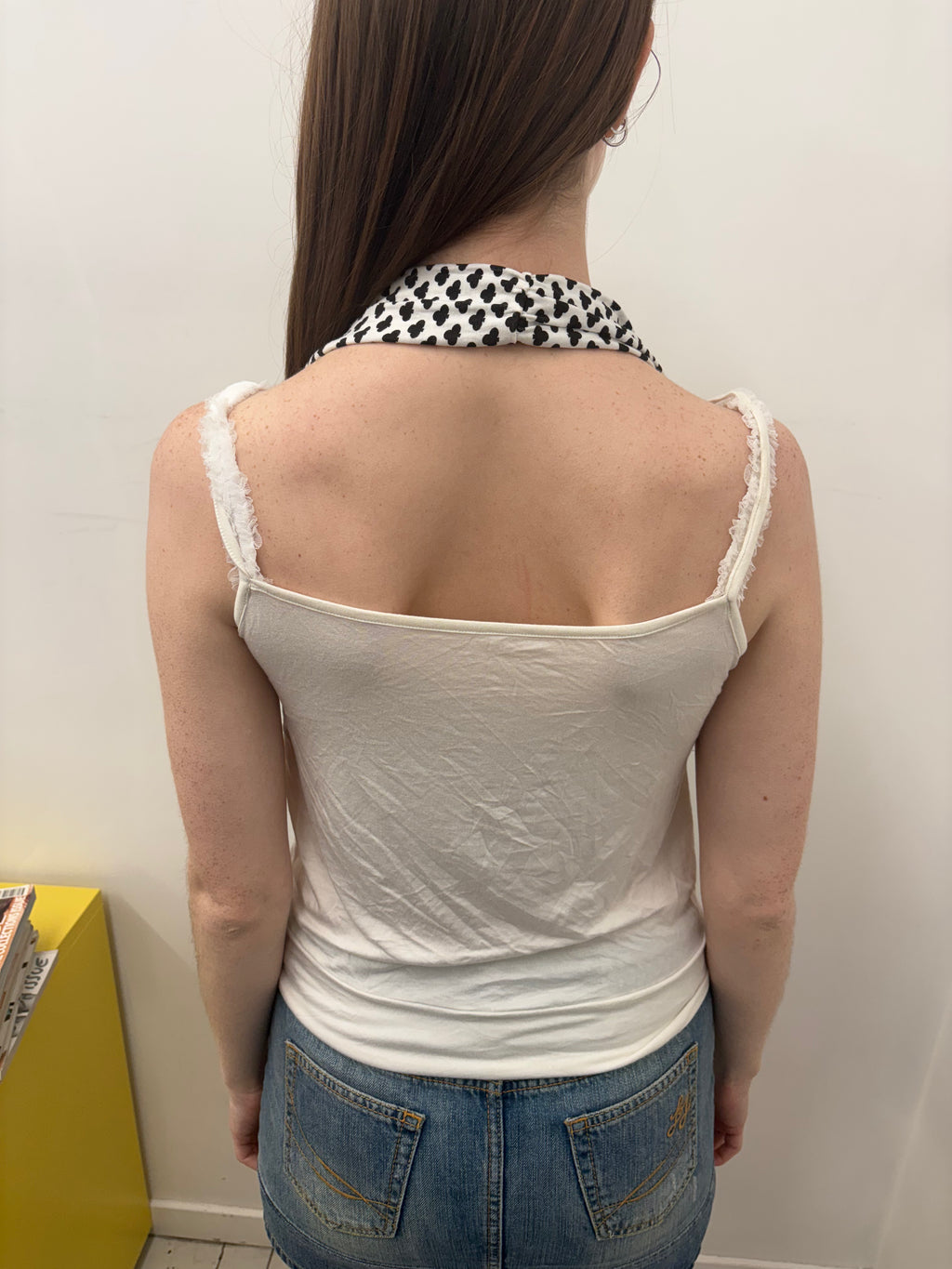 White Black Spot Print Halter Top Heart Appliqué