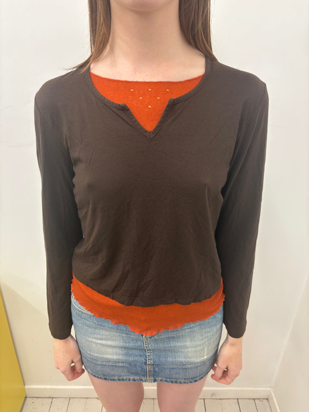 Brown Orange Colour Block Layered Long Sleeve Top