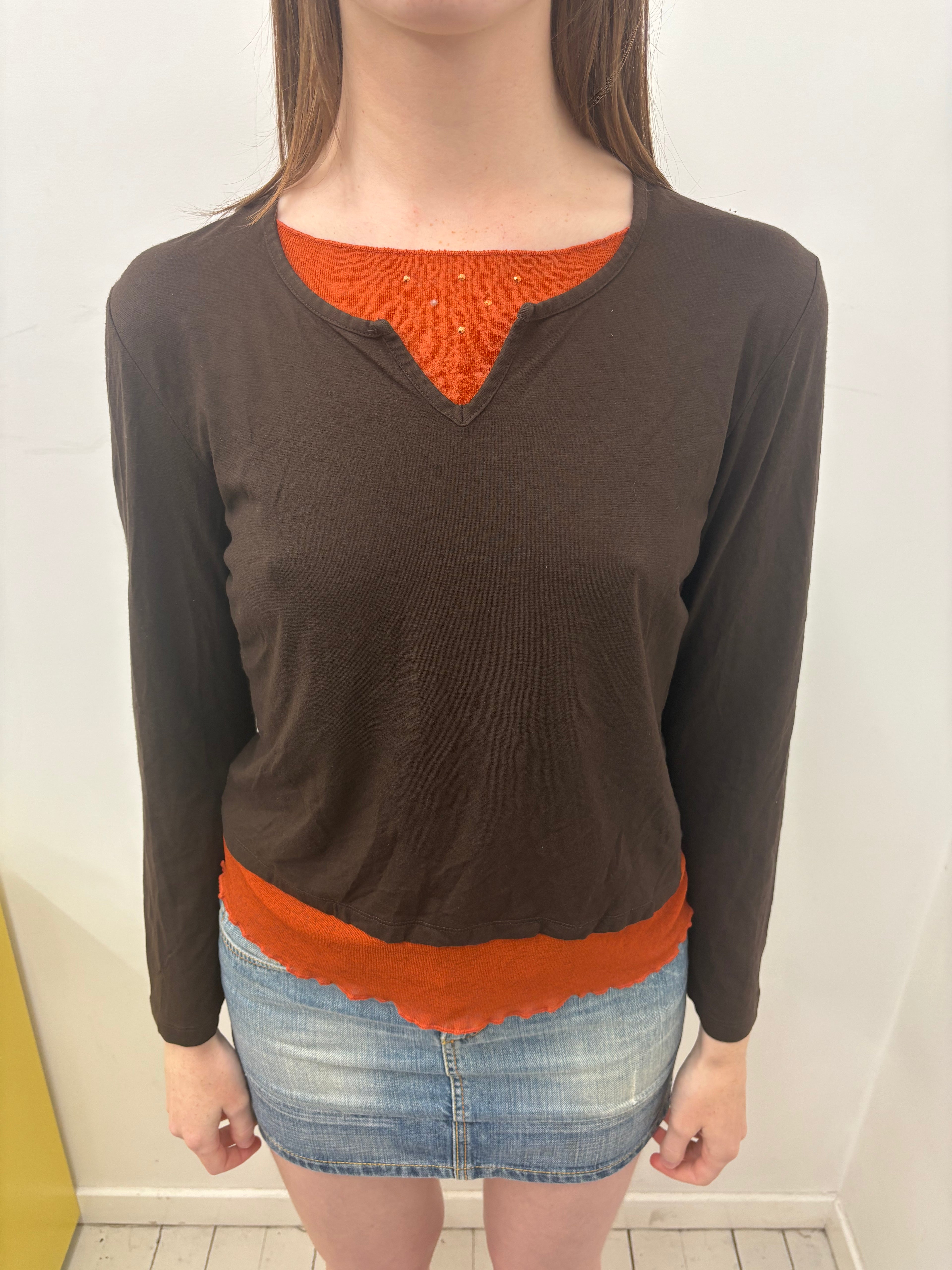 Brown Orange Colour Block Layered Long Sleeve Top