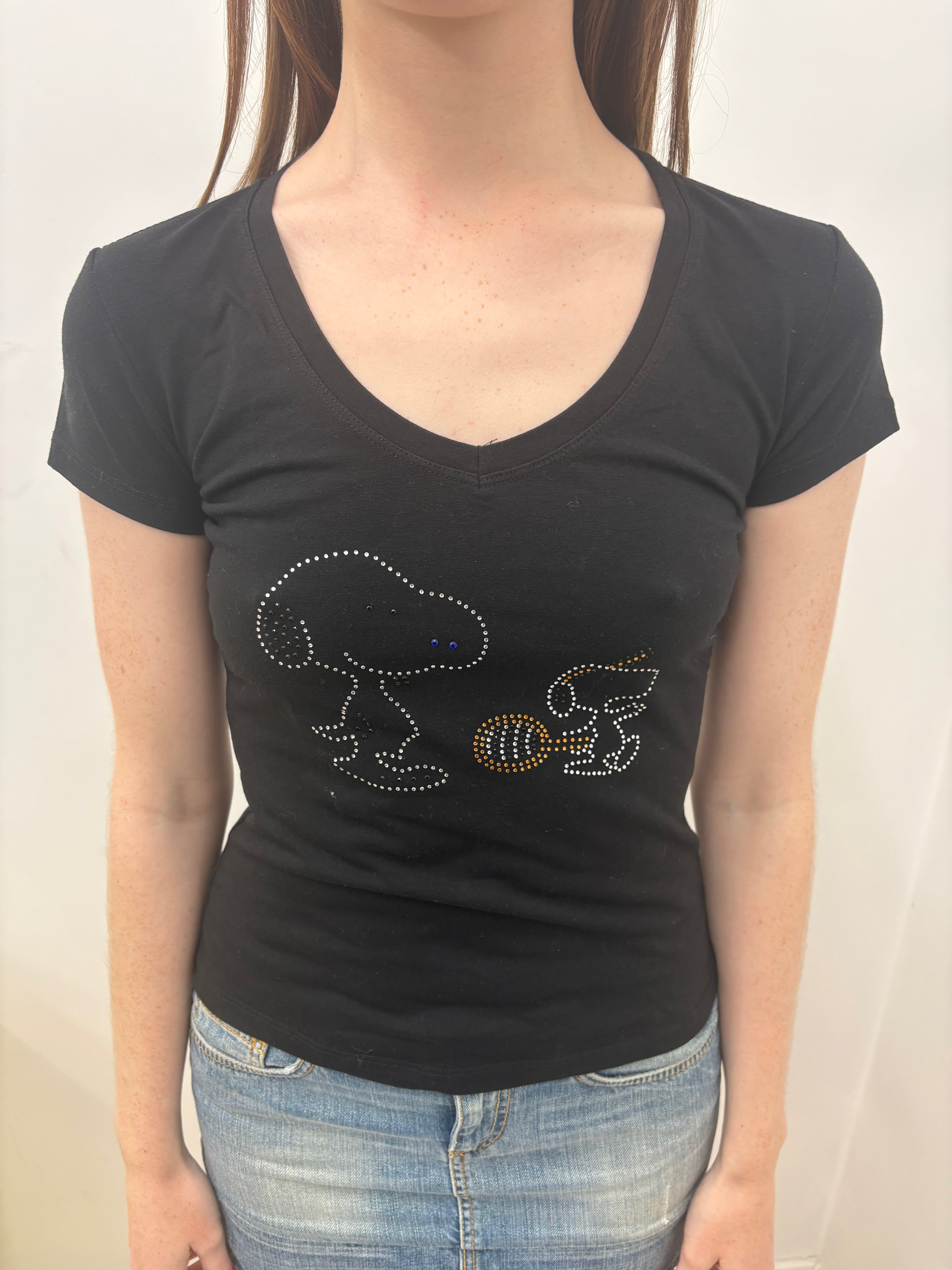 Black V-Neck Rhinestone Animal Graphic Baby Tee