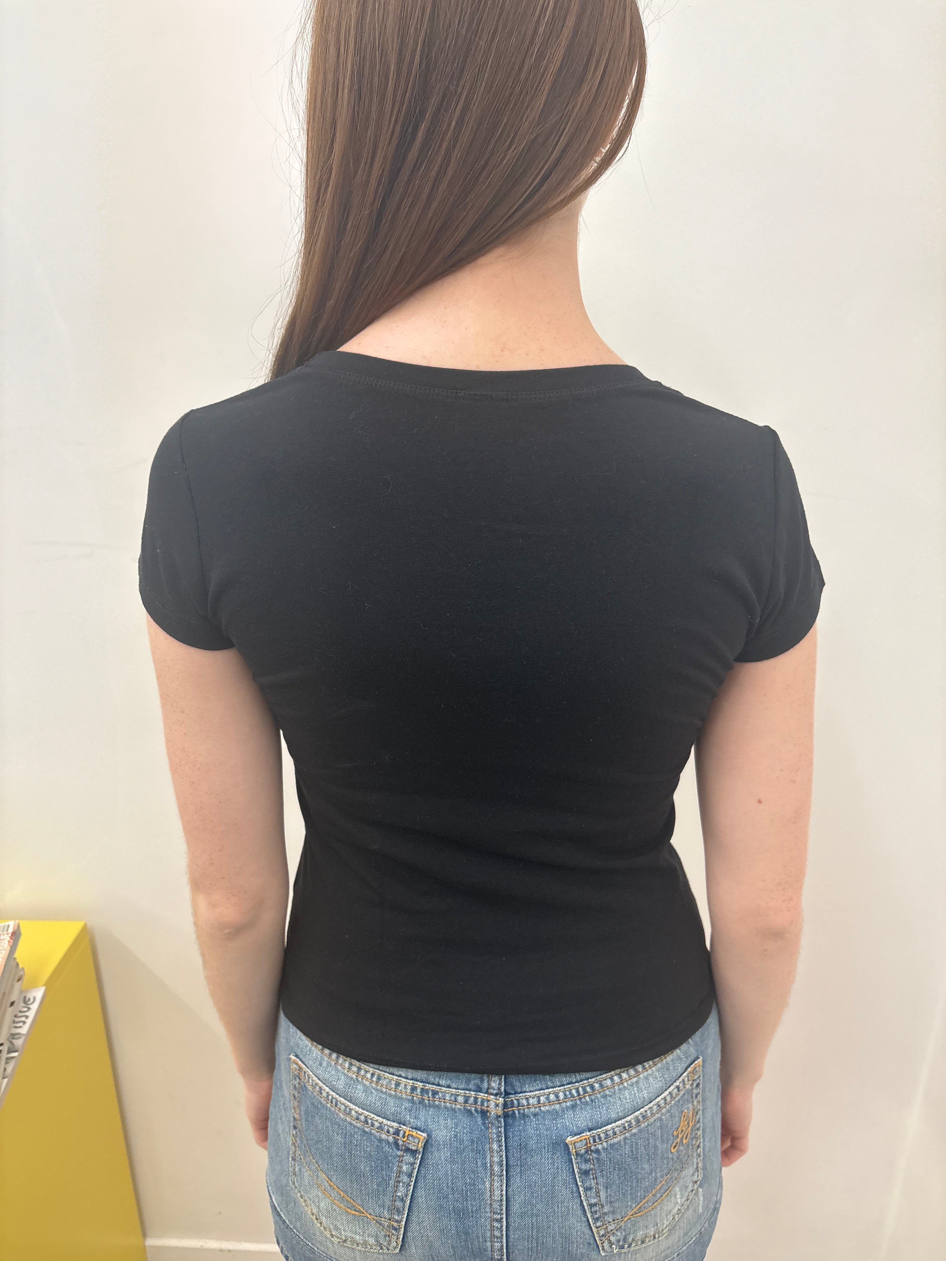 Black V-Neck Rhinestone Animal Graphic Baby Tee