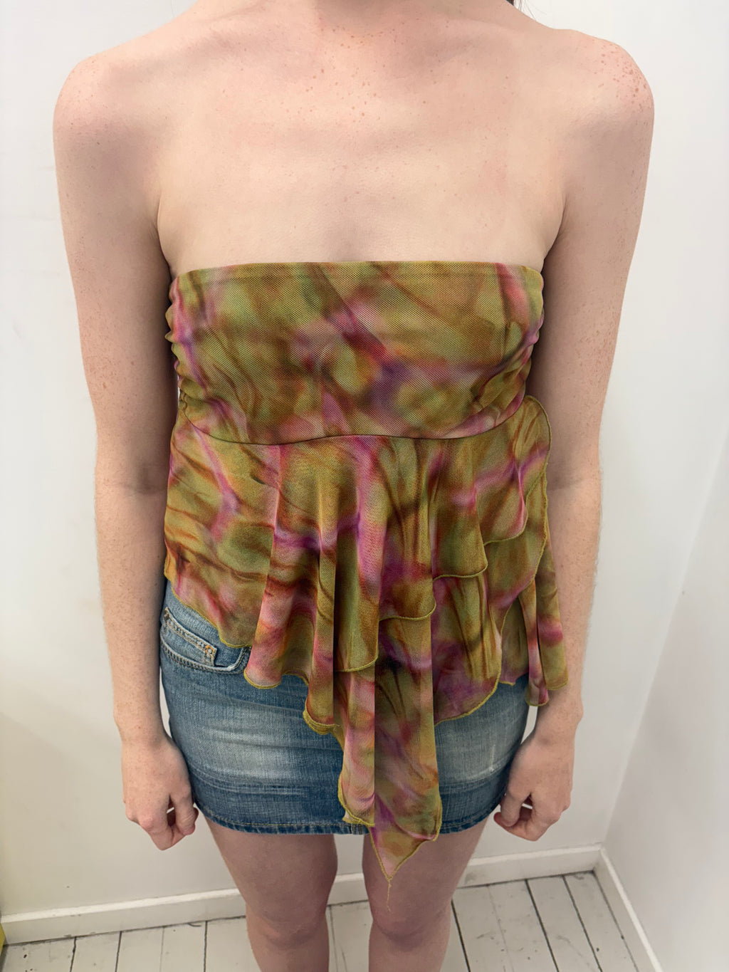 Olive Pink Tie-Dye Mesh Ruffle Bandeau Strapless Top