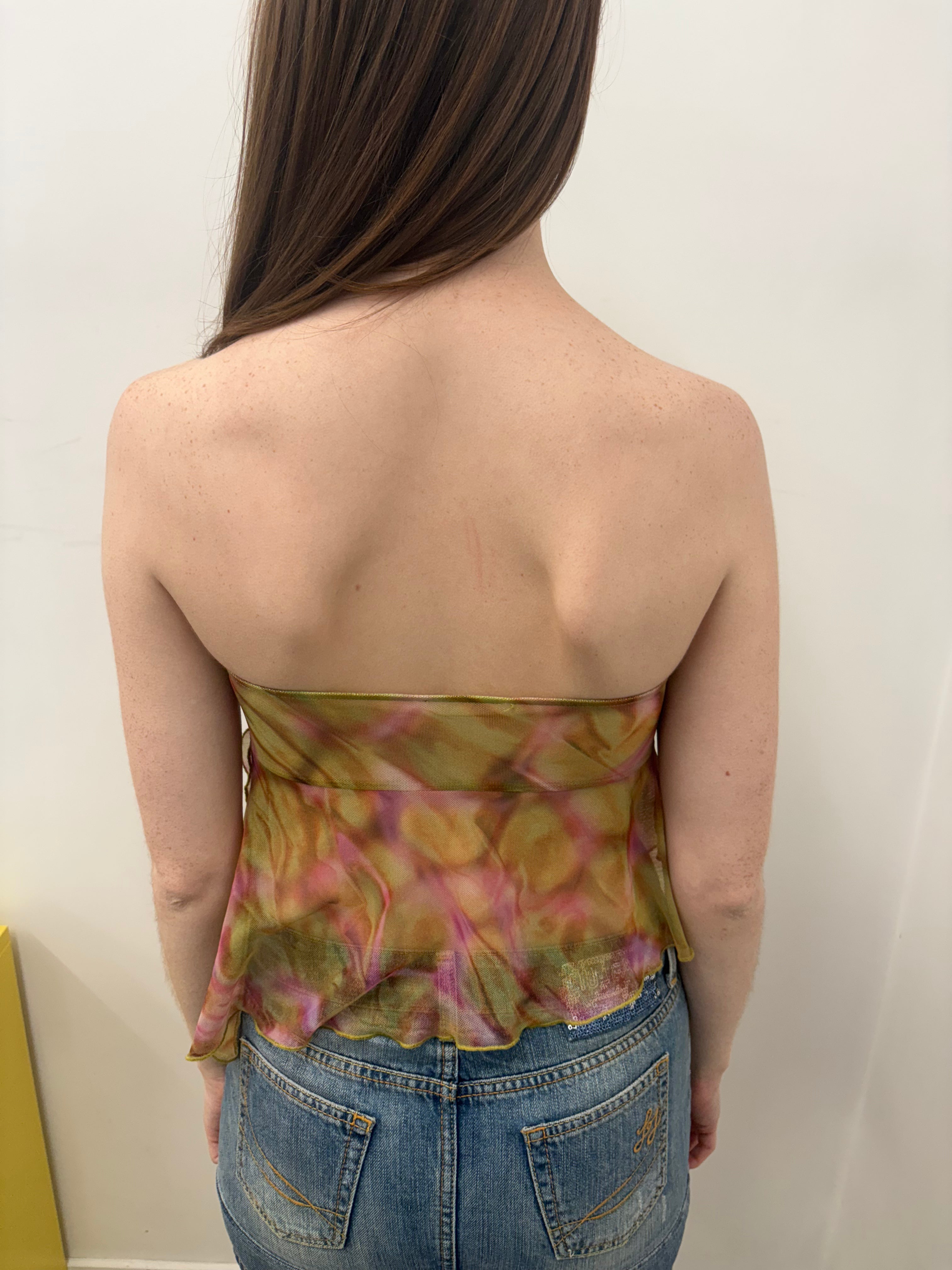 Olive Pink Tie-Dye Mesh Ruffle Bandeau Strapless Top