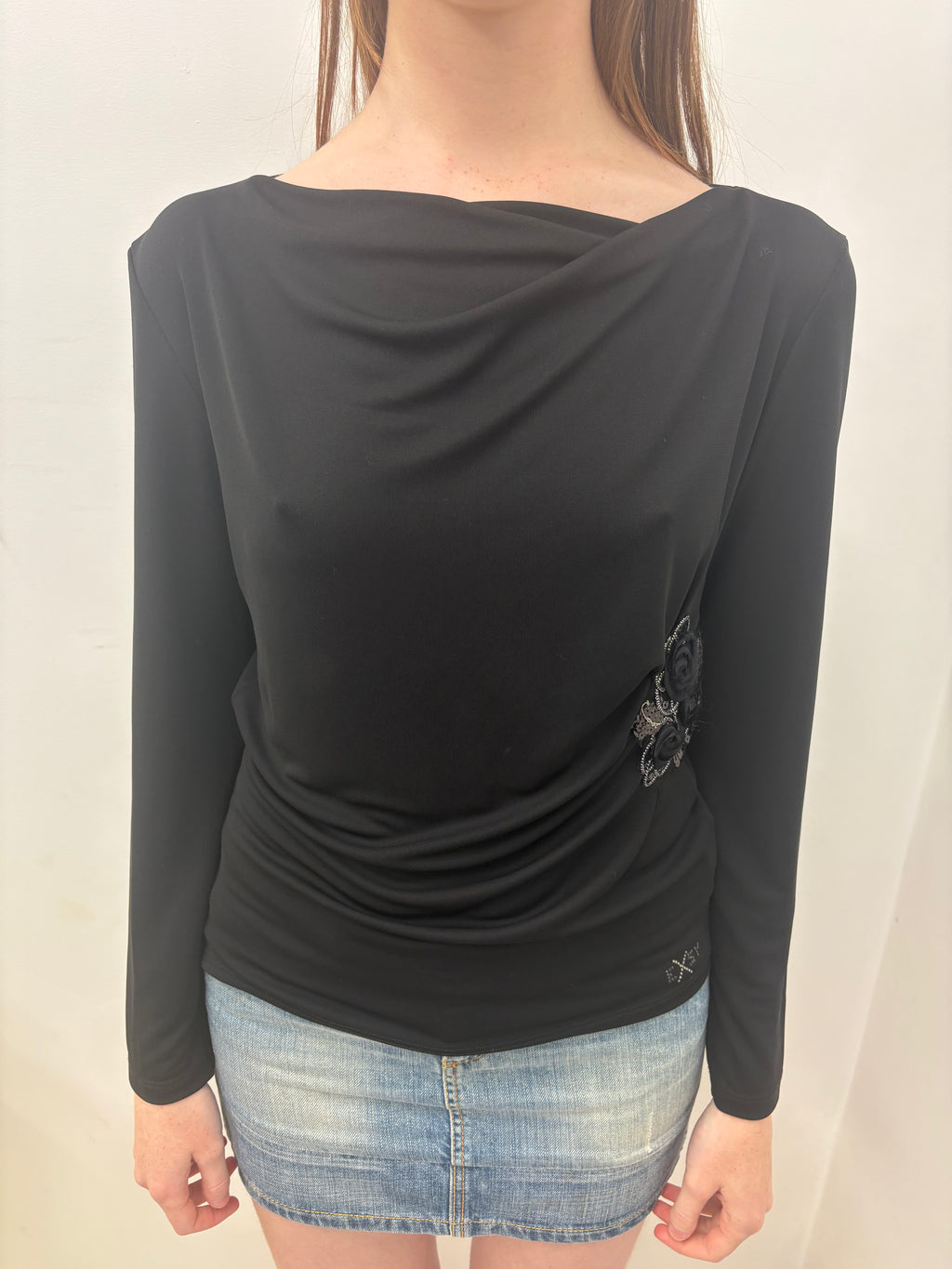 Black Draped Cowl Neck Long Sleeve Rose Appliqué Top