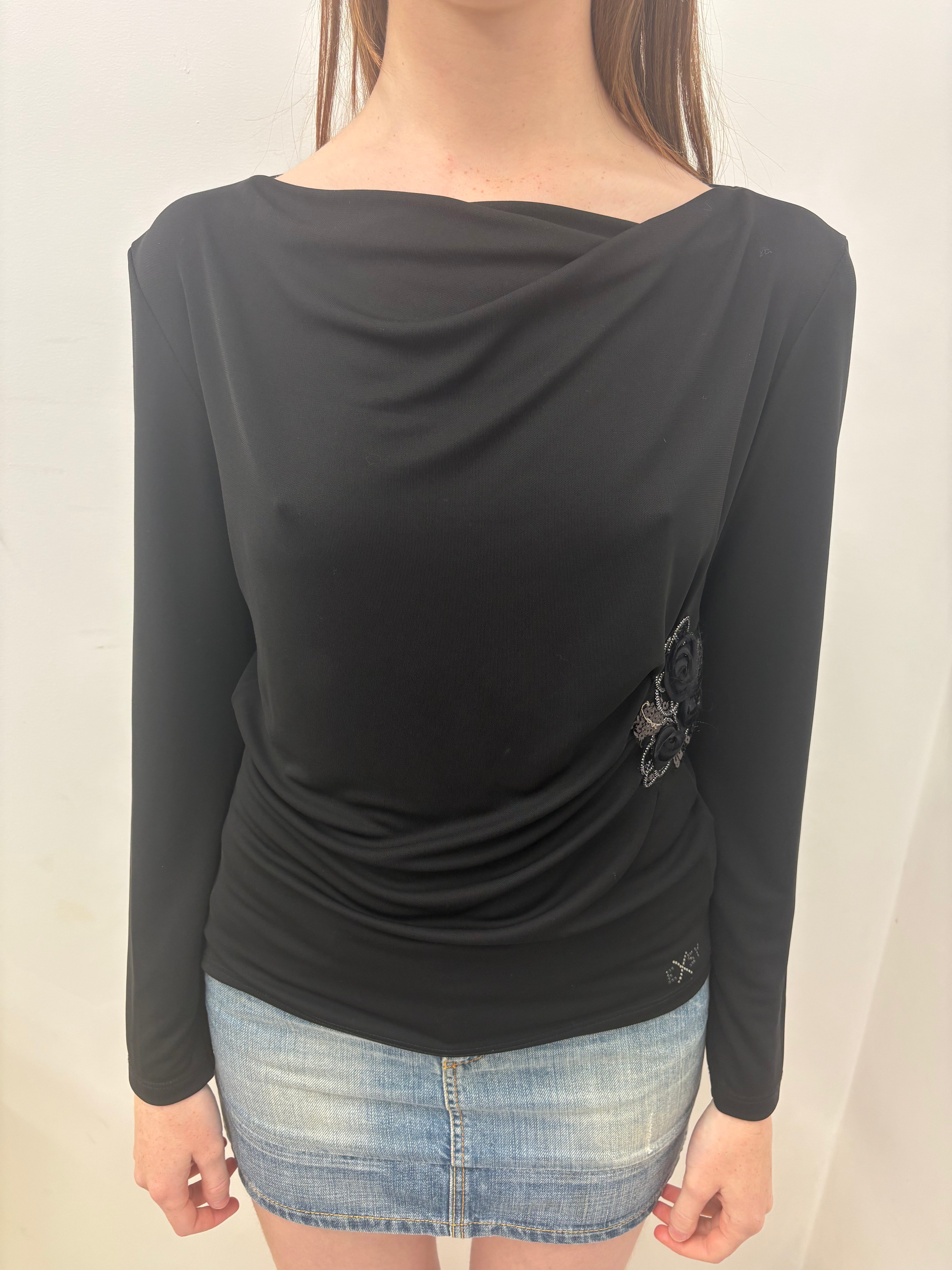 Black Draped Cowl Neck Long Sleeve Rose Appliqué Top